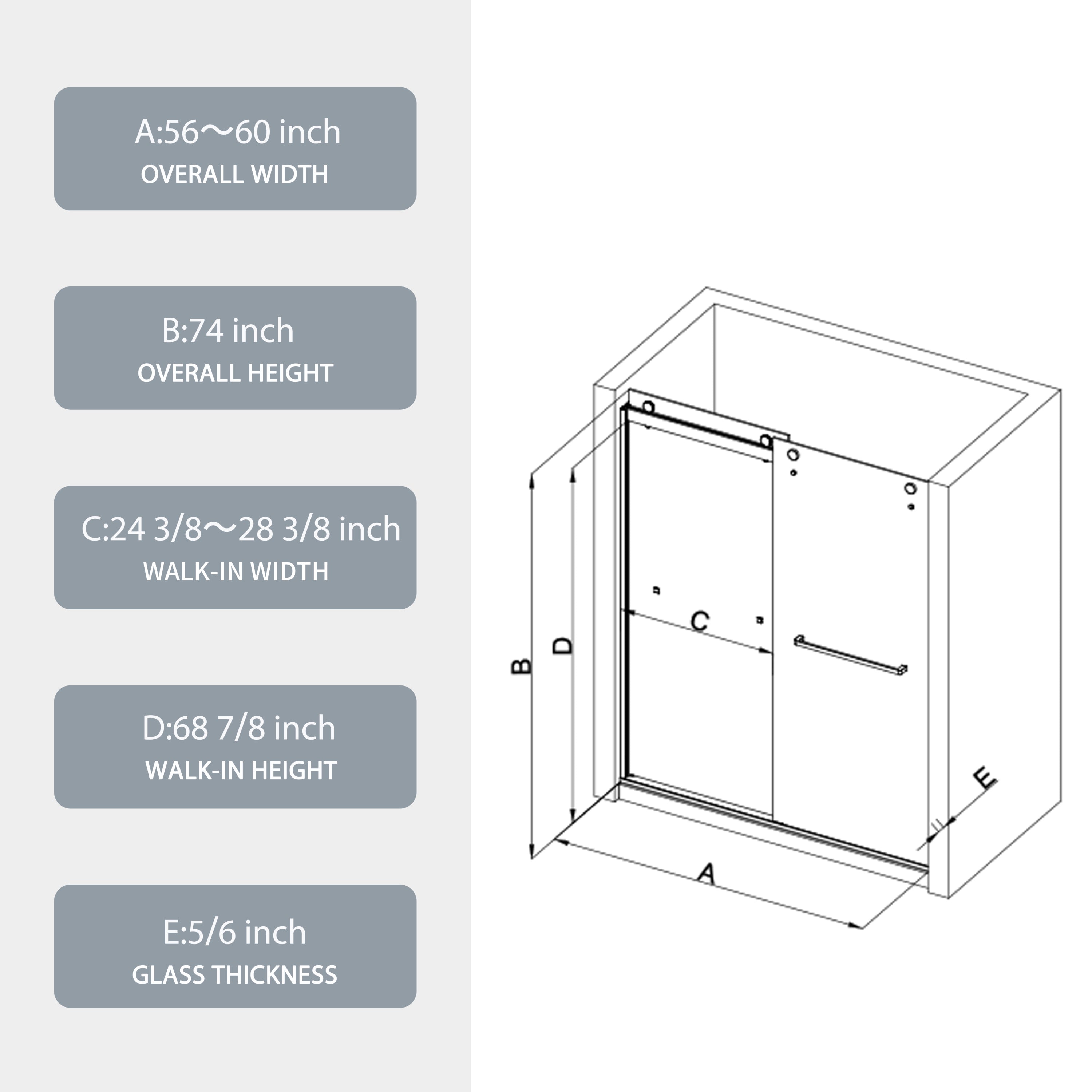 (56-60"W x 74"H) Bypass shower door, sliding door, with 5/16" tempered glass and Polished Chrome finish 6074