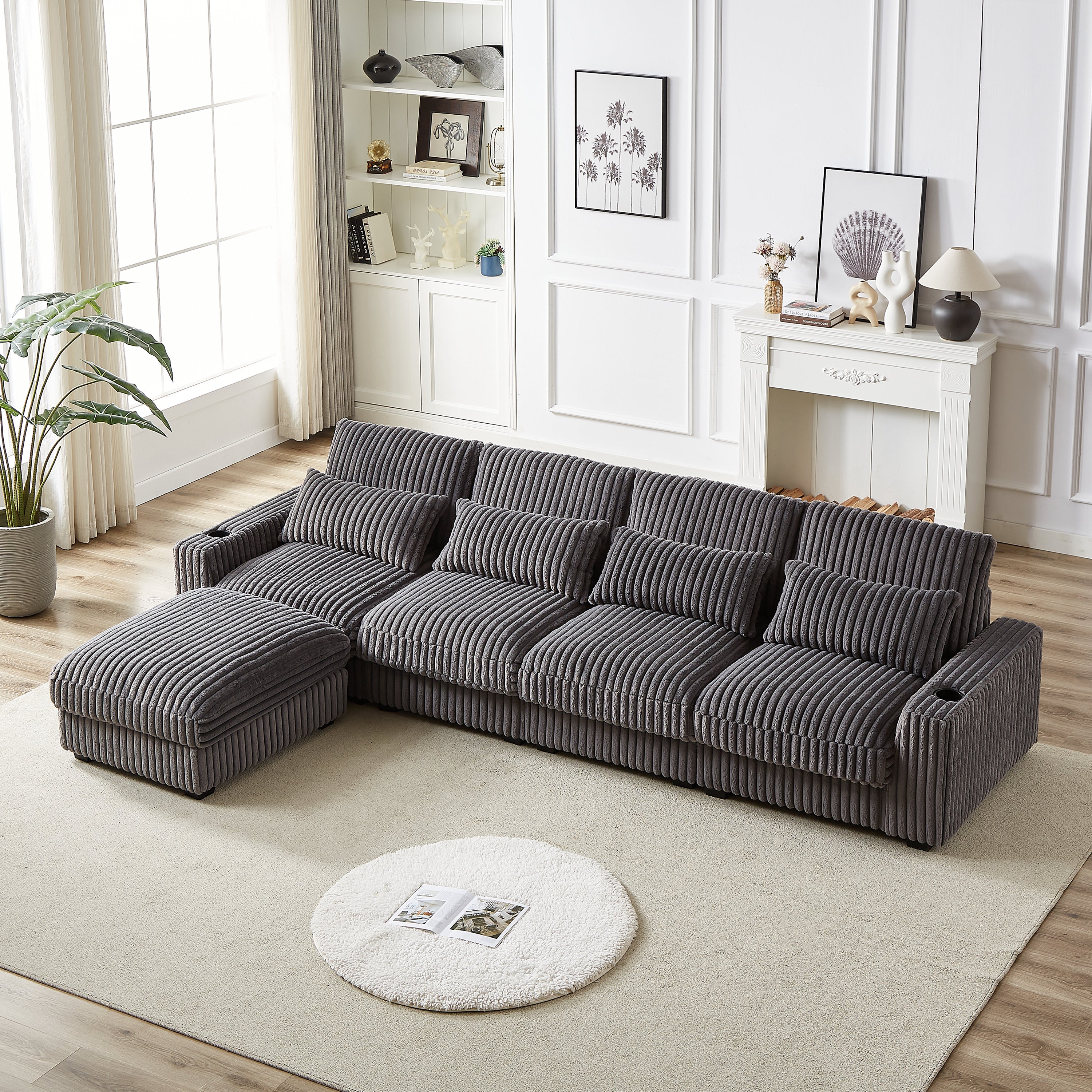 126-inch Corduroy With Cup Holder Super Large L-Shaped Sofa, Movable Footrest, Four Waist Pillows And Four Back Cushion, With USB Port And Type-C Port