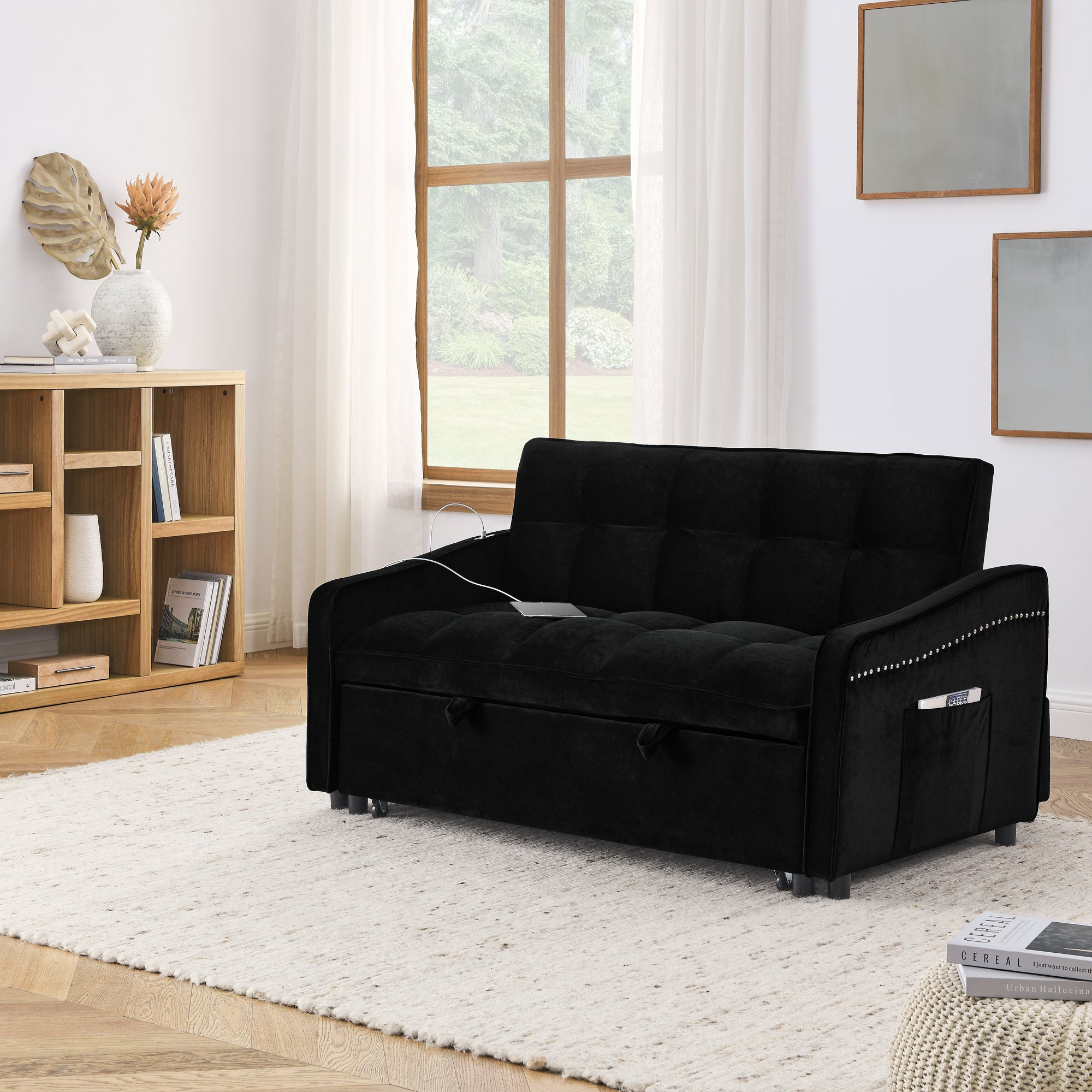 Loveseats Sofa Bed with Pull-out Bed,Adjsutable Back and Two Arm Pocket,TypeC and USB Charging with Copper nail,Black (47"x53"x31")