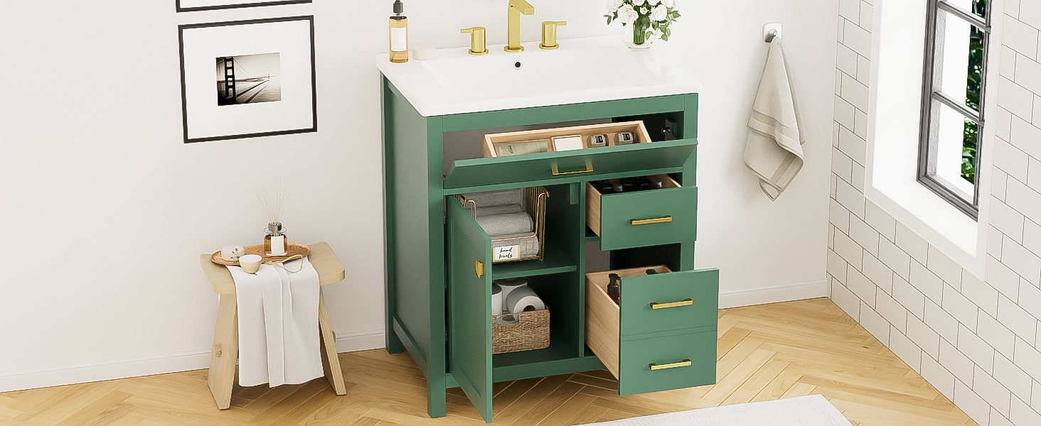 30-Inch Green Bathroom Vanity with Ceramic Sink and Ample Storage - Ideal Choice for Small Bathrooms