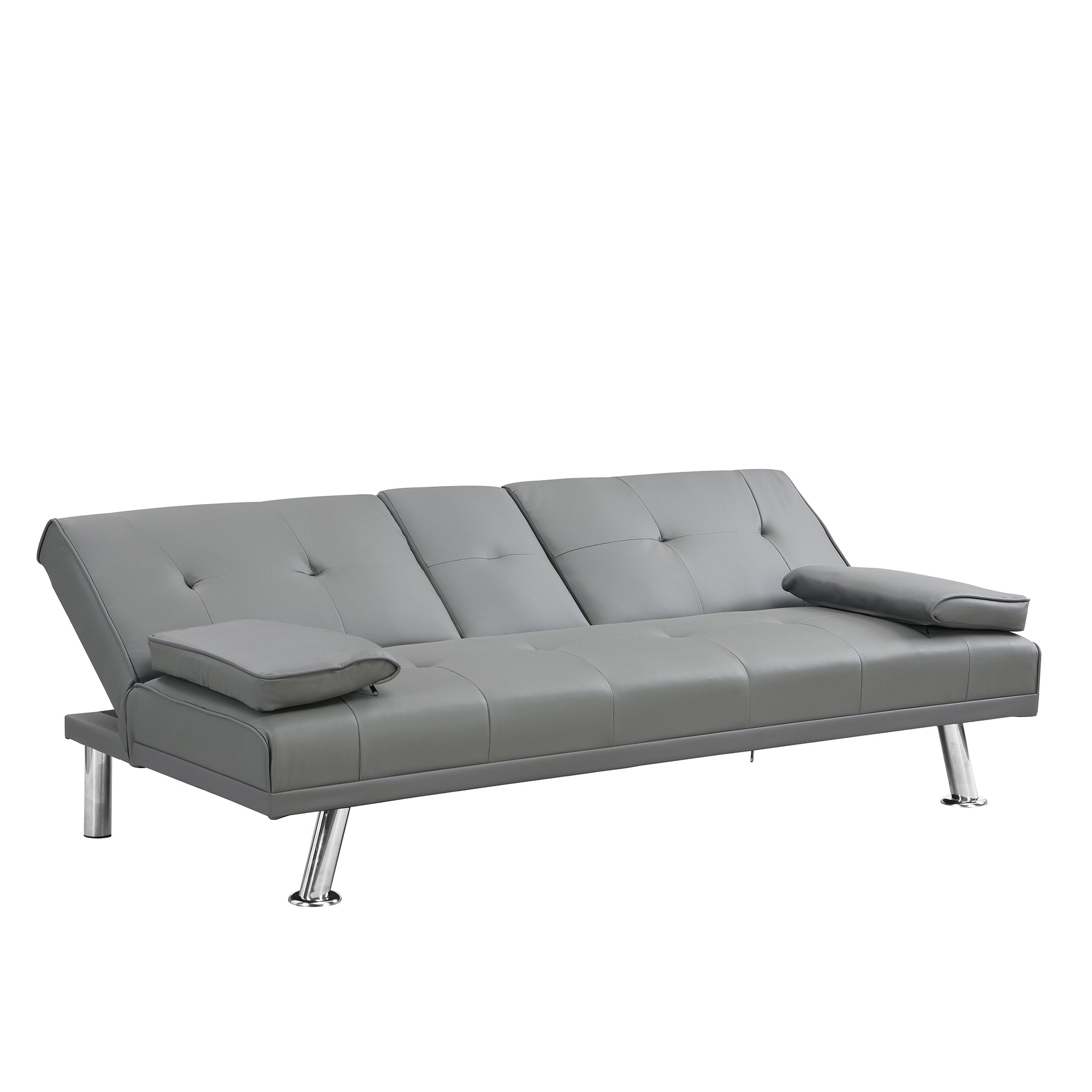 Sofa Bed with Armrest two holders WOOD FRAME, STAINLESS LEG, FUTON GREY PVC