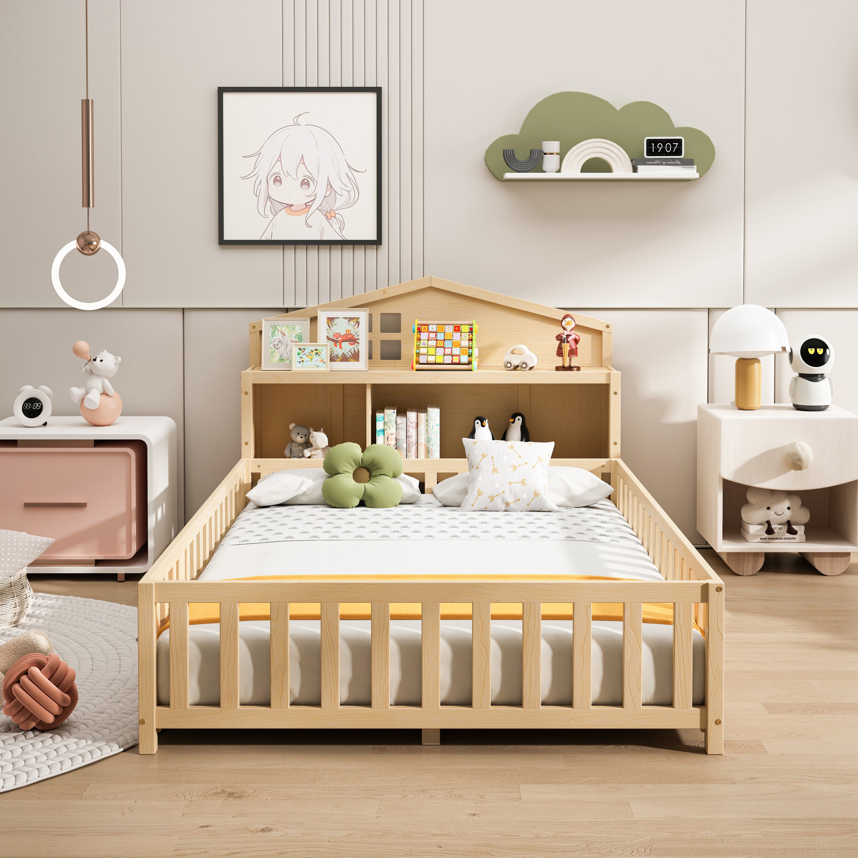 Full-size Montessori Floor Bed with Bookcases and Blackboards, Versatile Platform Beds with Guard rails, Solid Wood Floor Beds with Storage Headboards, Floor Beds for Kids and Teens  Natural