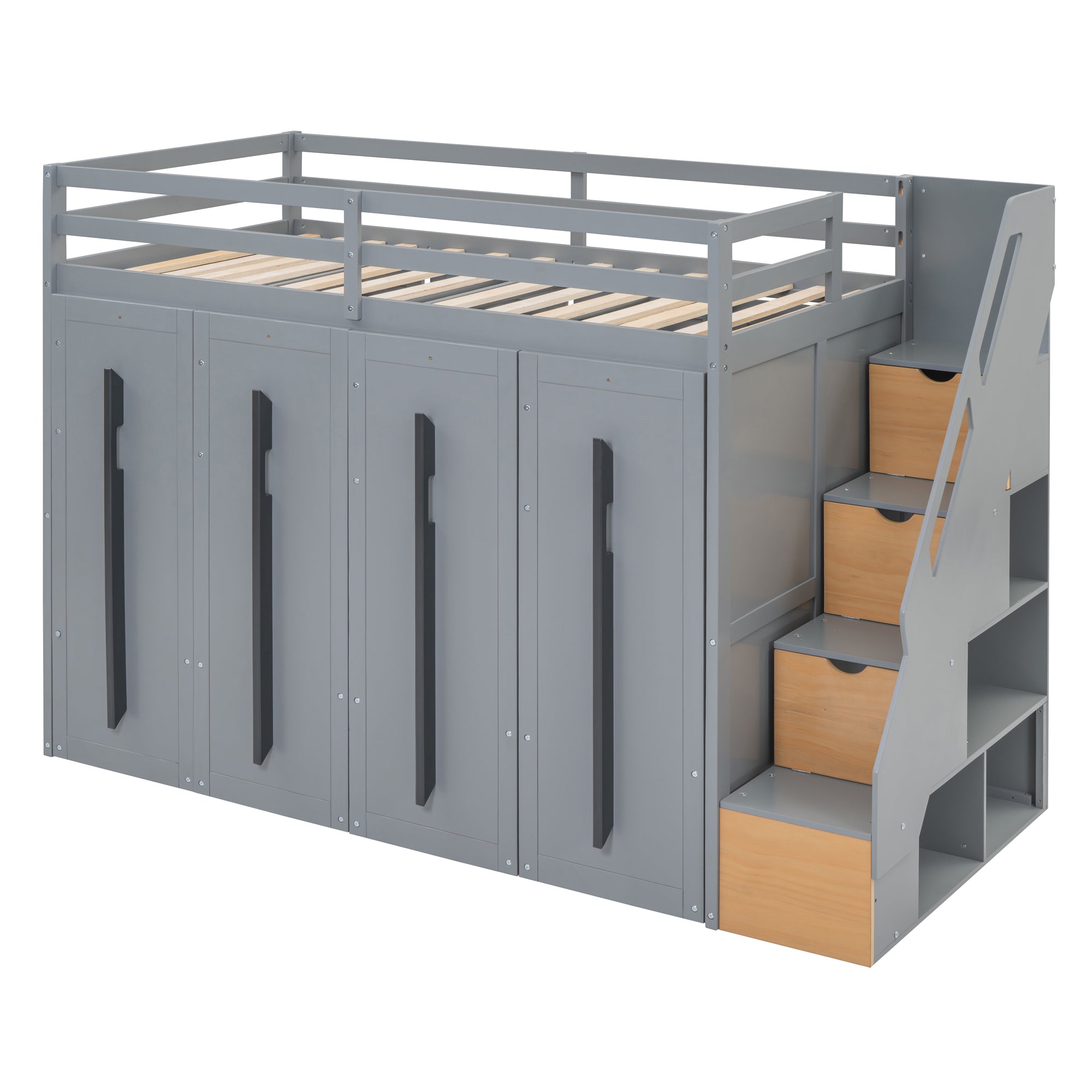 Modern Loft Bed with Two-Tone Storage Stairs and Pull-Out Wardrobes, Gray