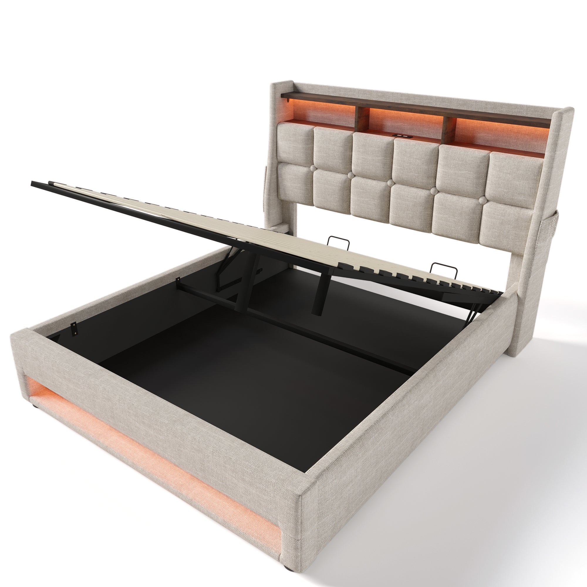 Queen size Upholstered Platform bed with a Hydraulic Storage System, LED and USB Charging, Natural (without mattress)