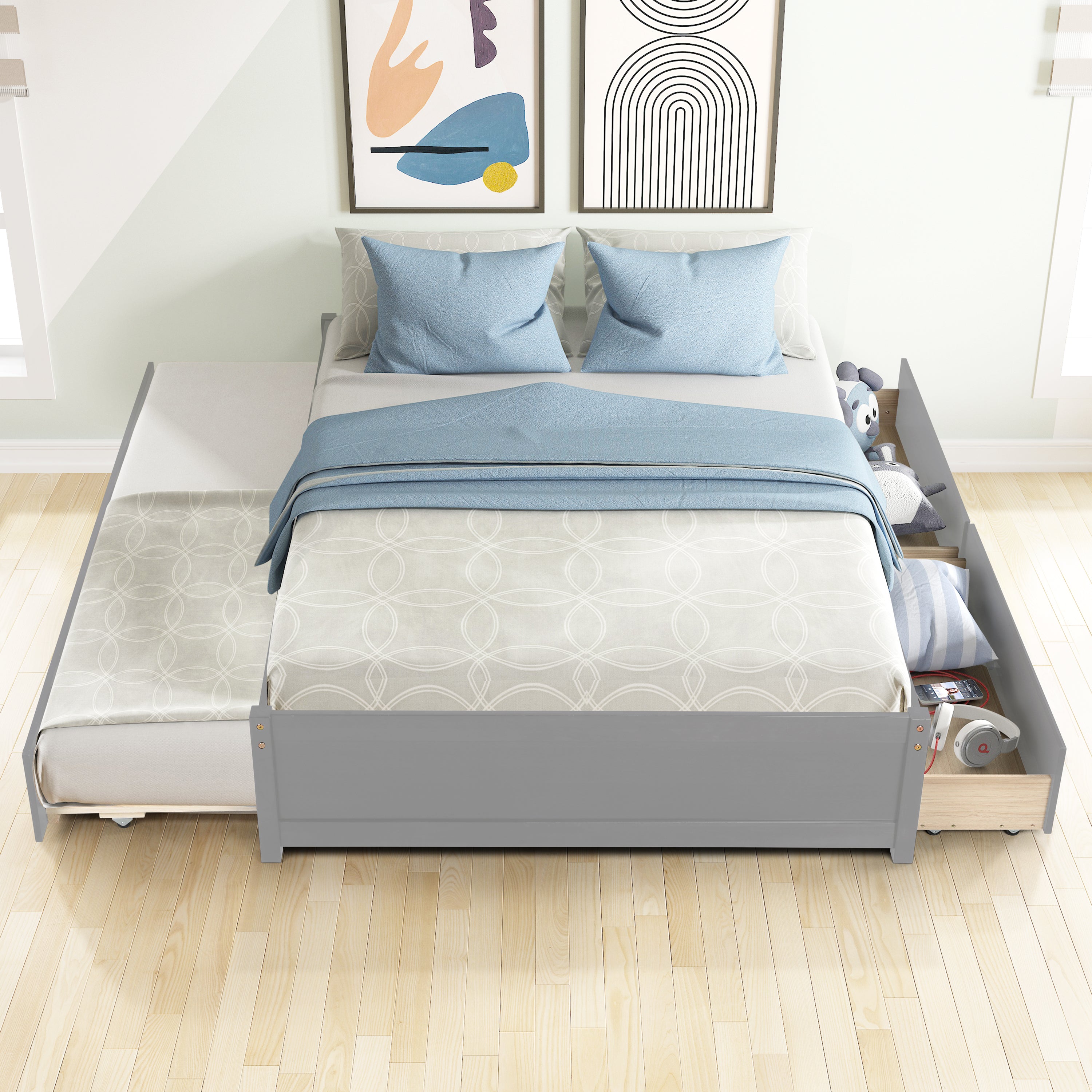 FULL BED WITH TWIN SIZE TRUNDLE AND TWO DRAWERS FOR GREY COLOR