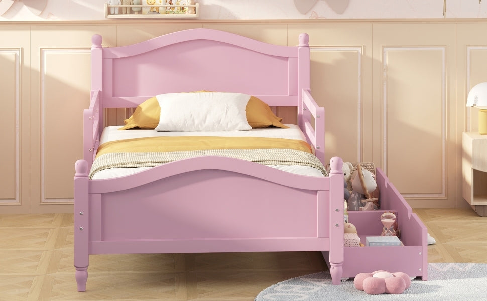 Twin Size Wood Platform Bed with Guardrails on Both Sides and Two Storage Drawers ,Pink