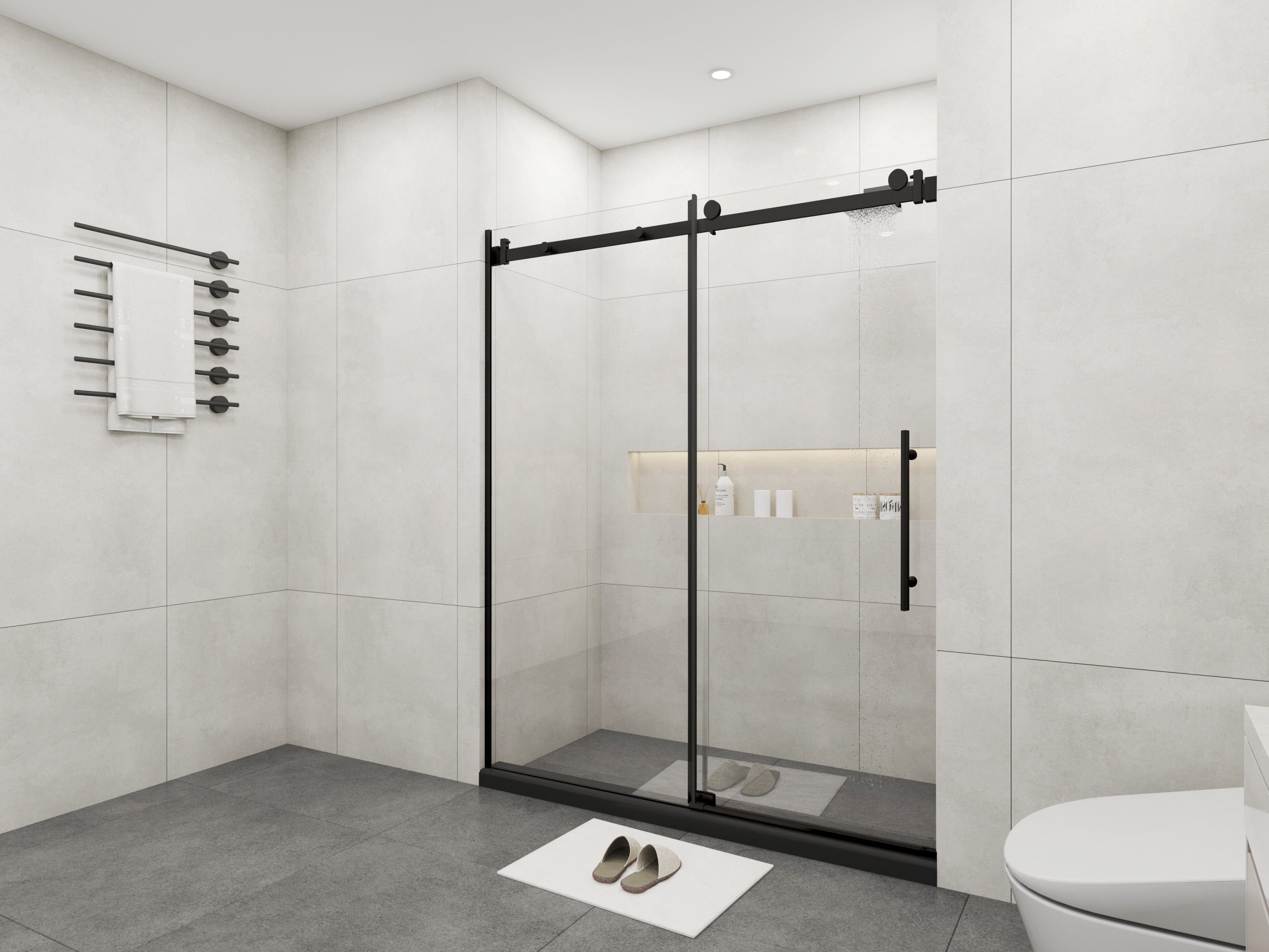 Frameless Sliding Glass Shower Doors 60"W x 76"H with 3/8"(10mm) Clear Tempered Glass, Matt Black Finish