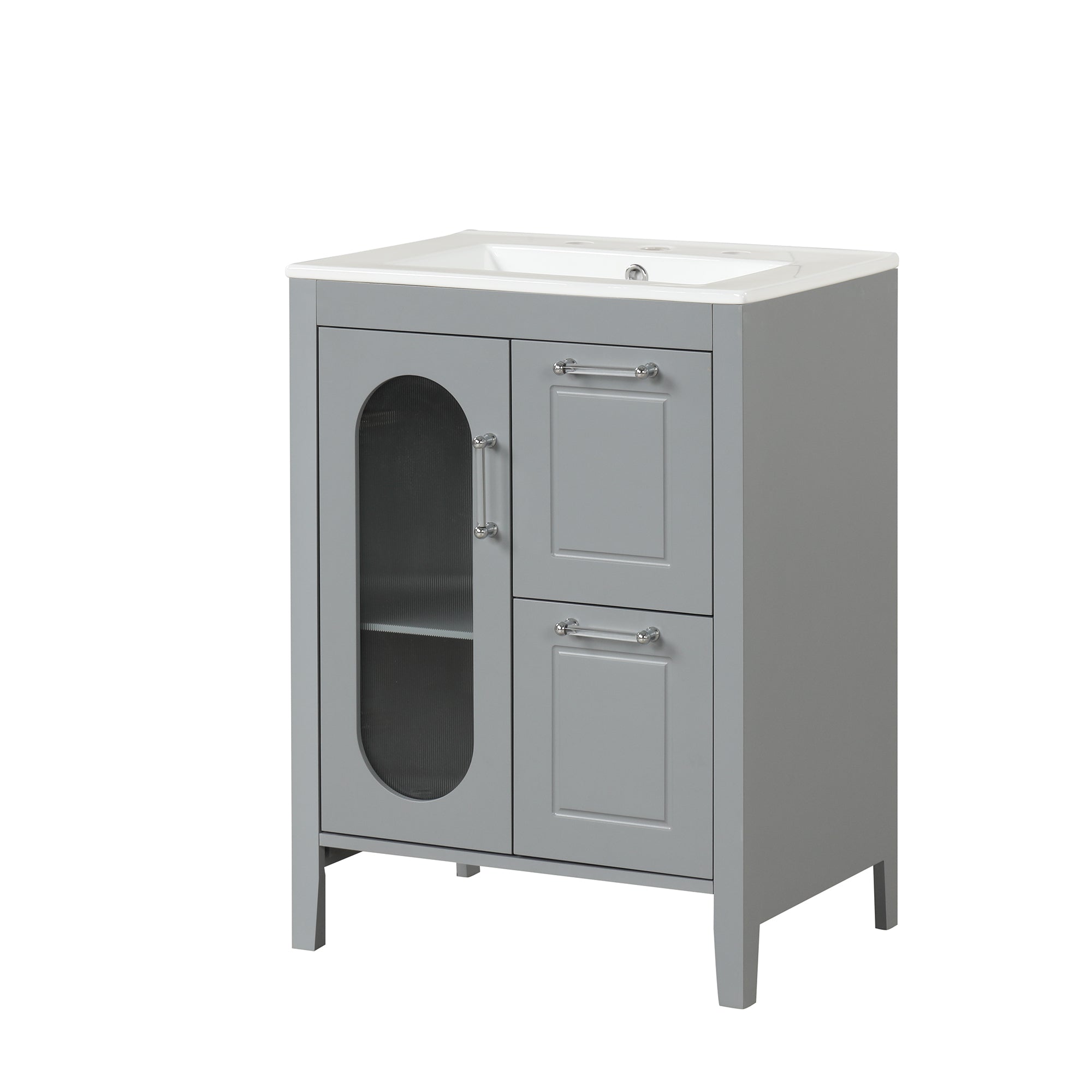 24" Bathroom Vanity with Sink, Bathroom Vanity Cabinet with Two Drawers and Door, Adjustable Shelf, Solid Wood and MDF, Grey