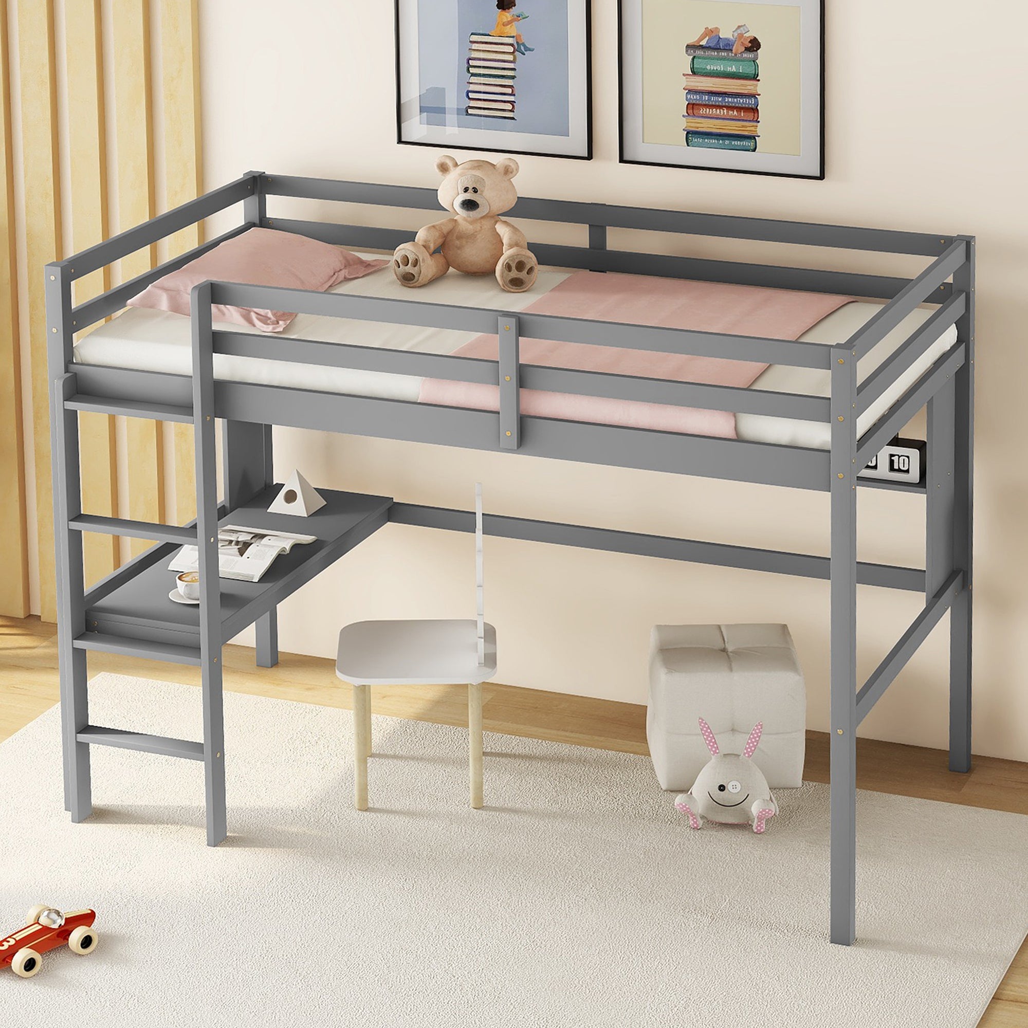 Twin Size Loft Bed with desk and shelves, Safety Guardrail and ladder,Grey