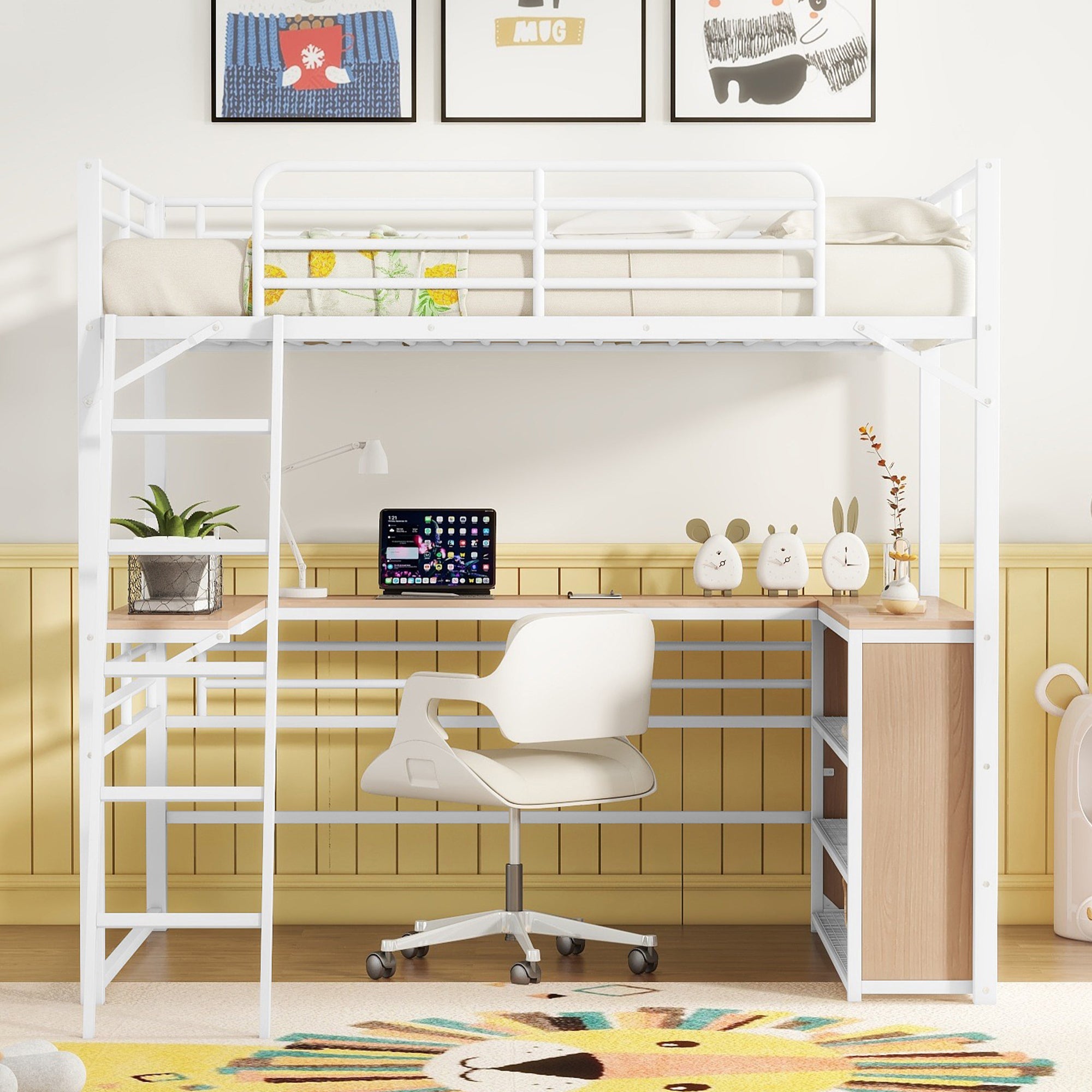 Full Size Metal Loft Bed with 3 Layers of Shelves and L-shaped Desk, White