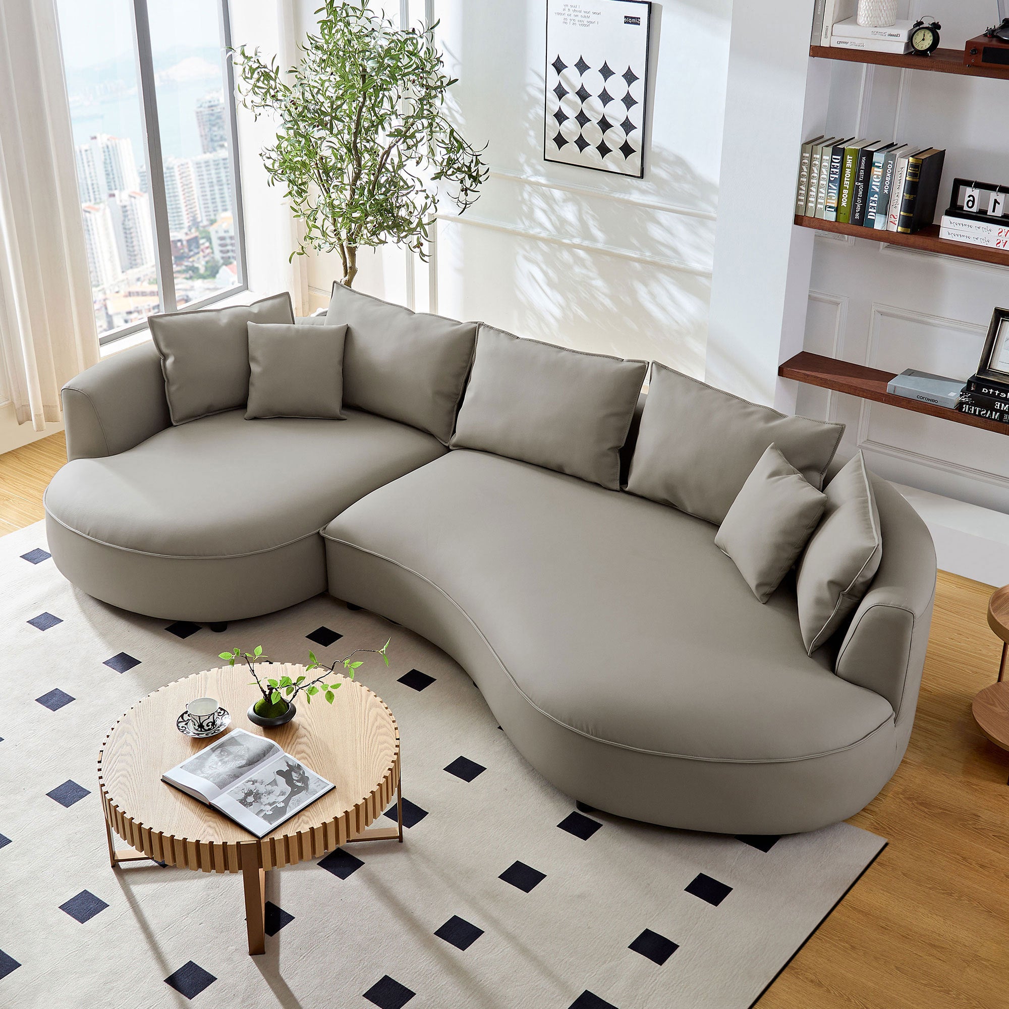 Modern Sectional curved Sofa Couch for Living Room,Upholstered 5-Seat Sofa Couch Eco-leather Couch Set for Apartment Office,Light Grey