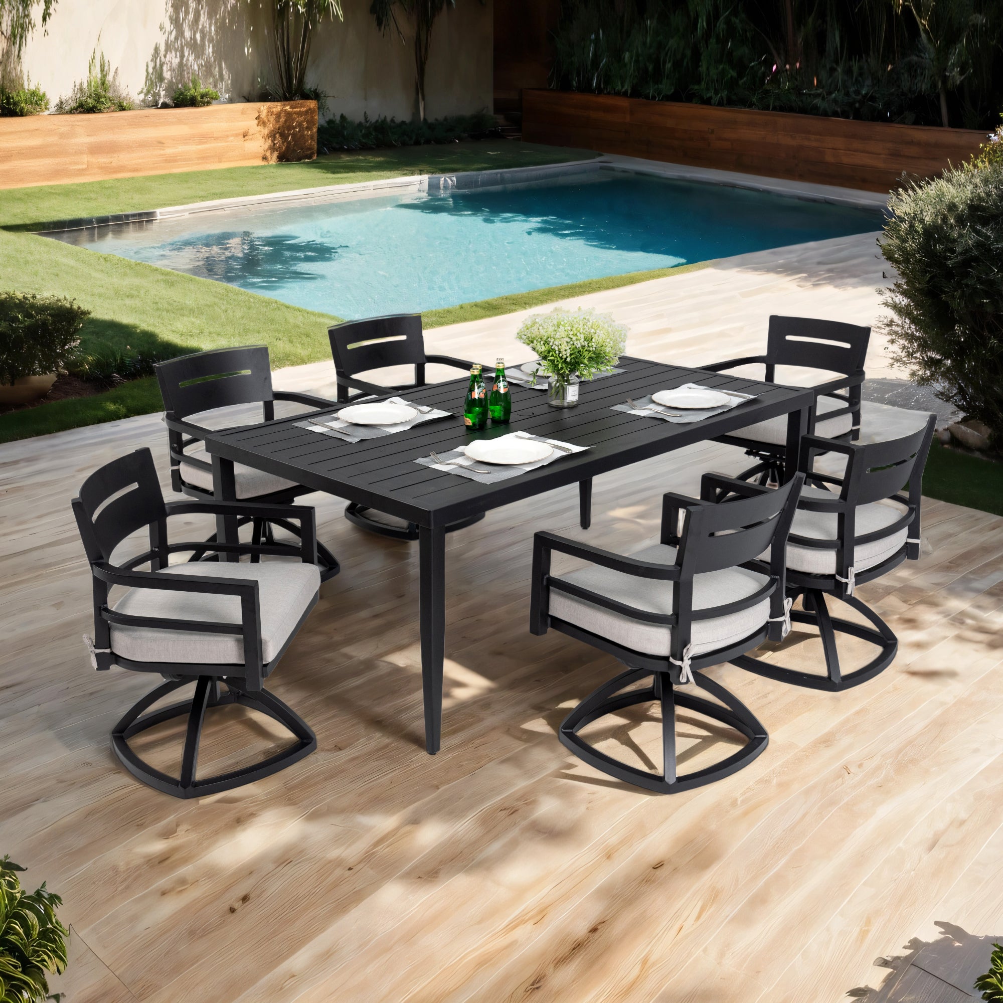 7-Piece Outdoor Patio Aluminum Furniture, Modern Dining Set, including 6 Swivel Rockers Sunbrella Fabric Cushioned and Rectangle Dining Table with Umbrella Hole, Ember Black