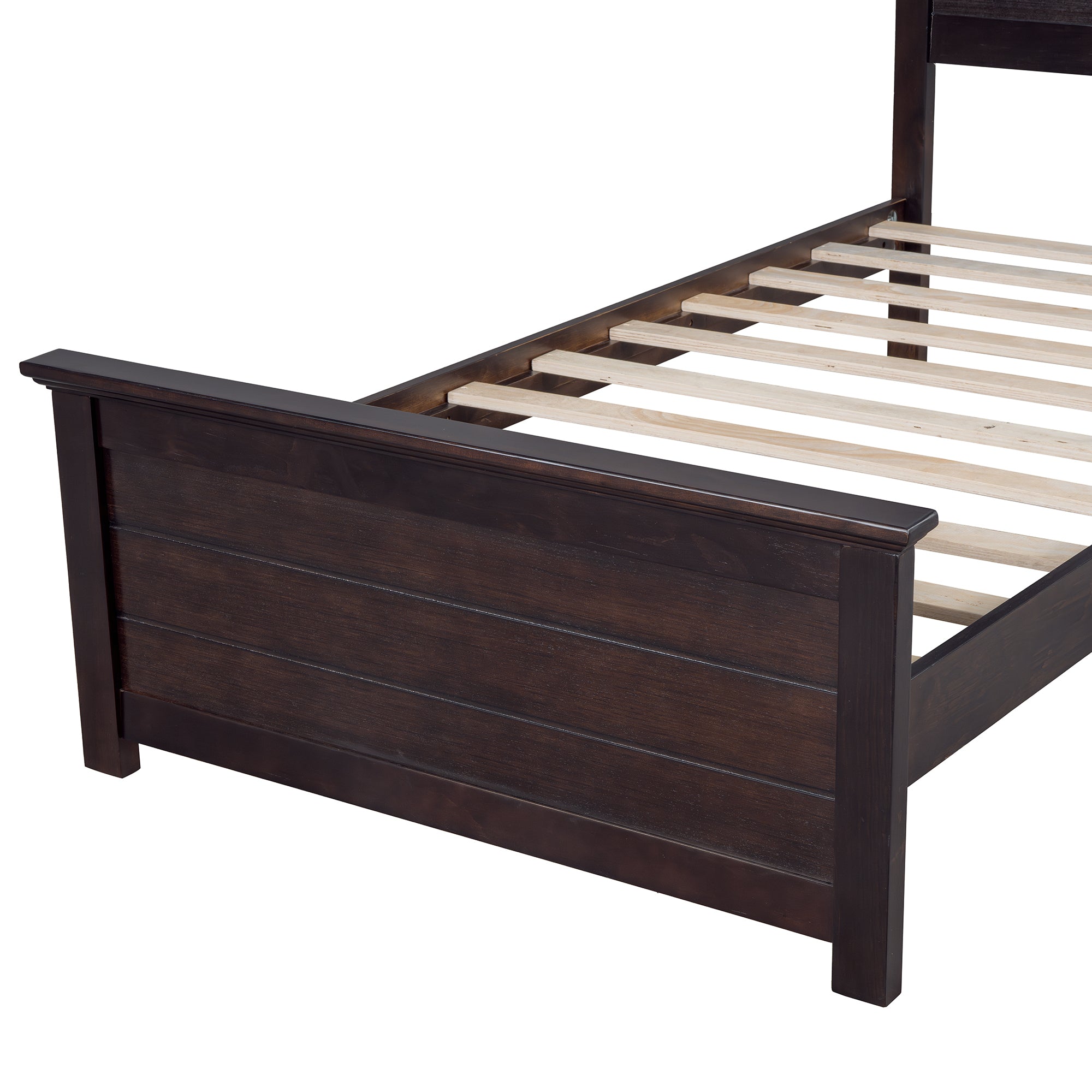 Farmhouse Wooden Platform Twin Size Bed with Curl Design Headboard and Footboard for Teenager, Espresso