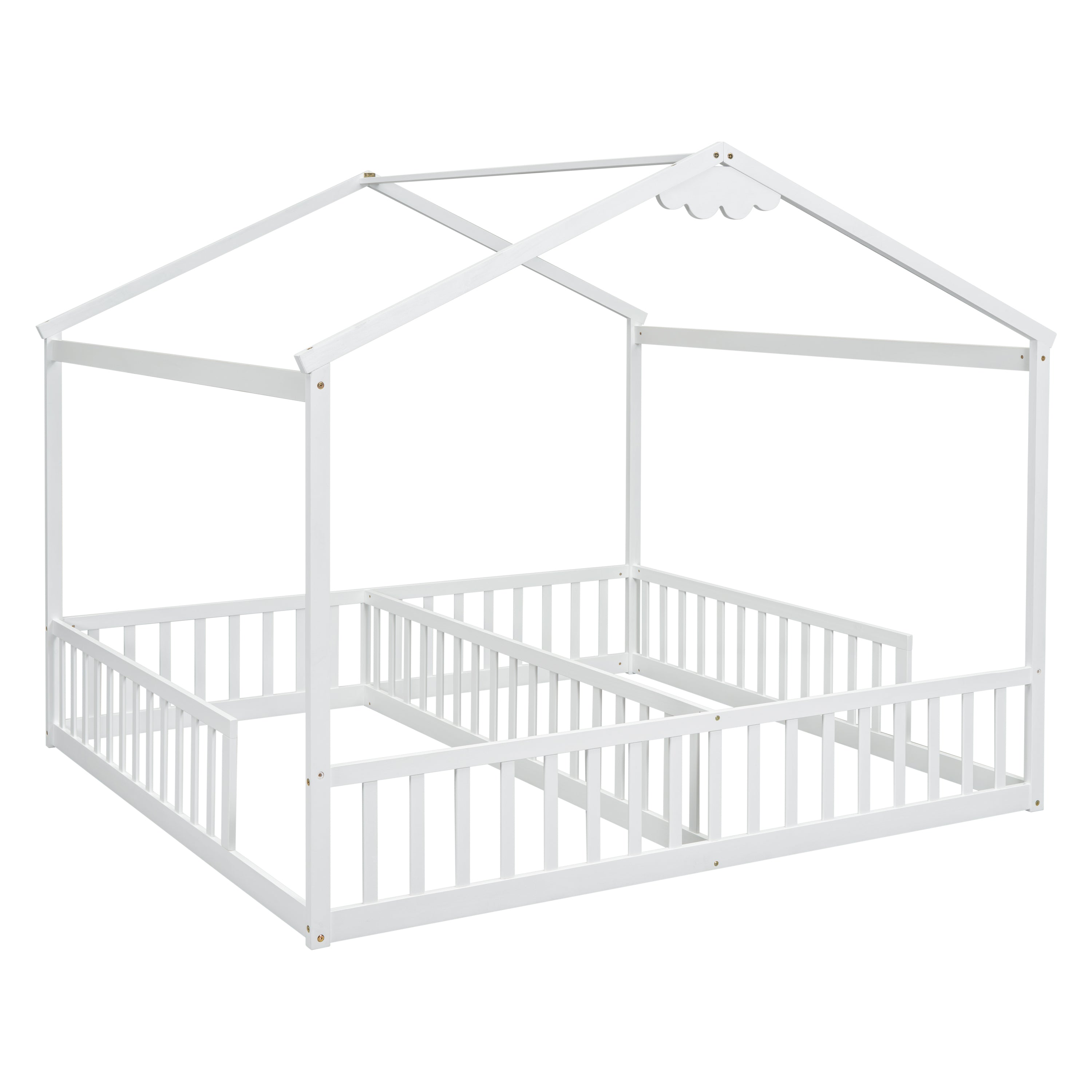 Double Twin House-Style Floor Bed with Fence, Guardrails, without door, White