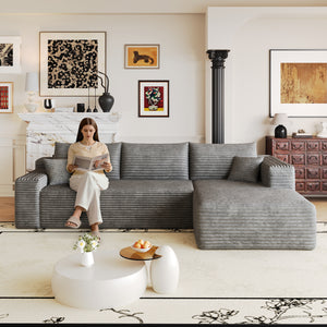 Dark grey 103-inch L-shaped corduroy sectional sofa, front view