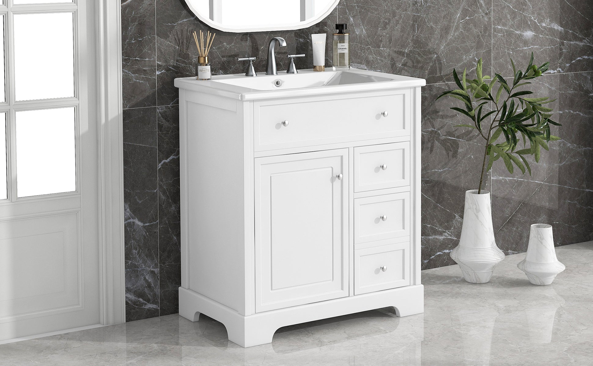 30" Bathroom Vanity with Sink Top, Bathroom Vanity Cabinet with Door and Two Drawers, MDF Boards, Solid Wood, One Package, White