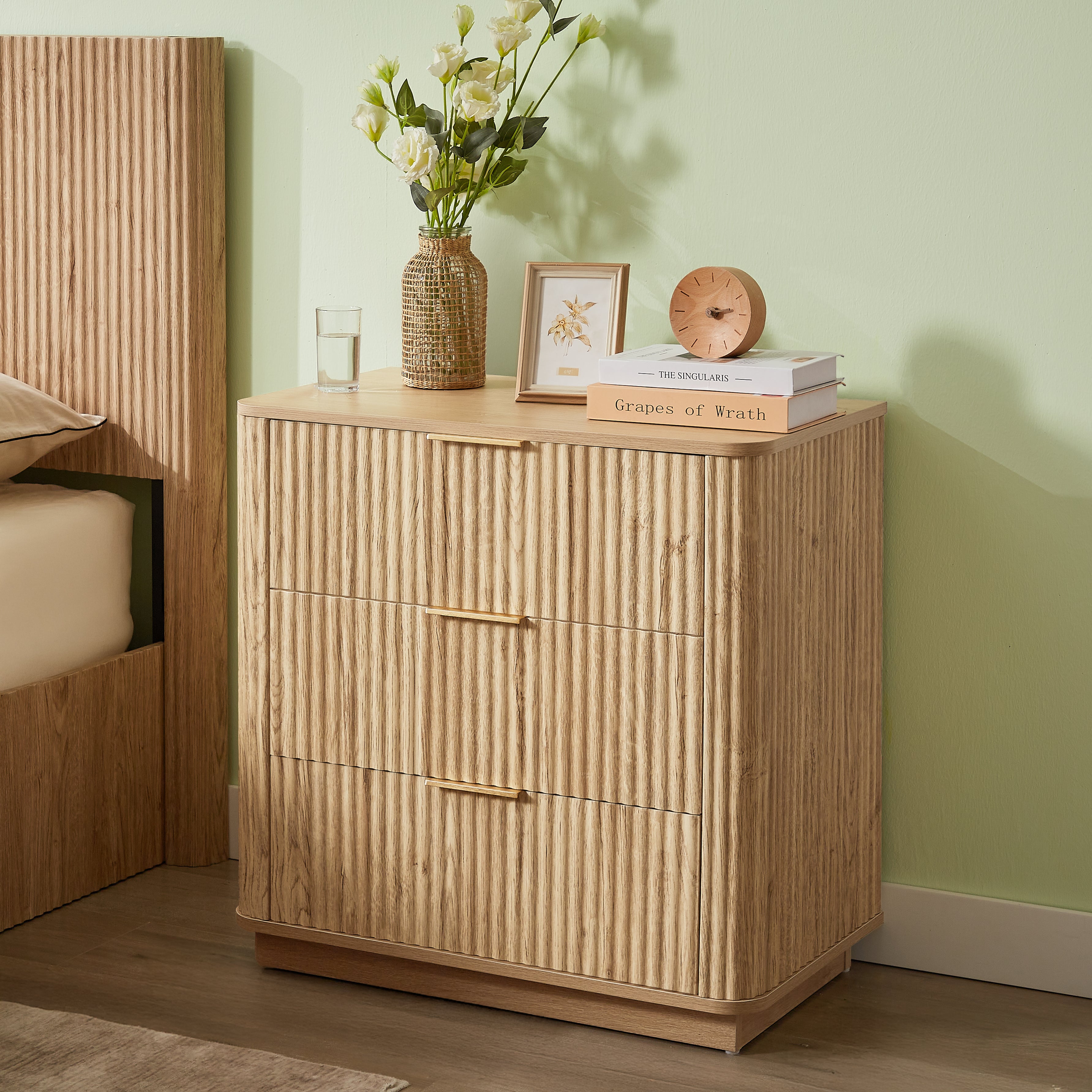 Oak modern chest of drawers side profile showing 15.8 inch depth