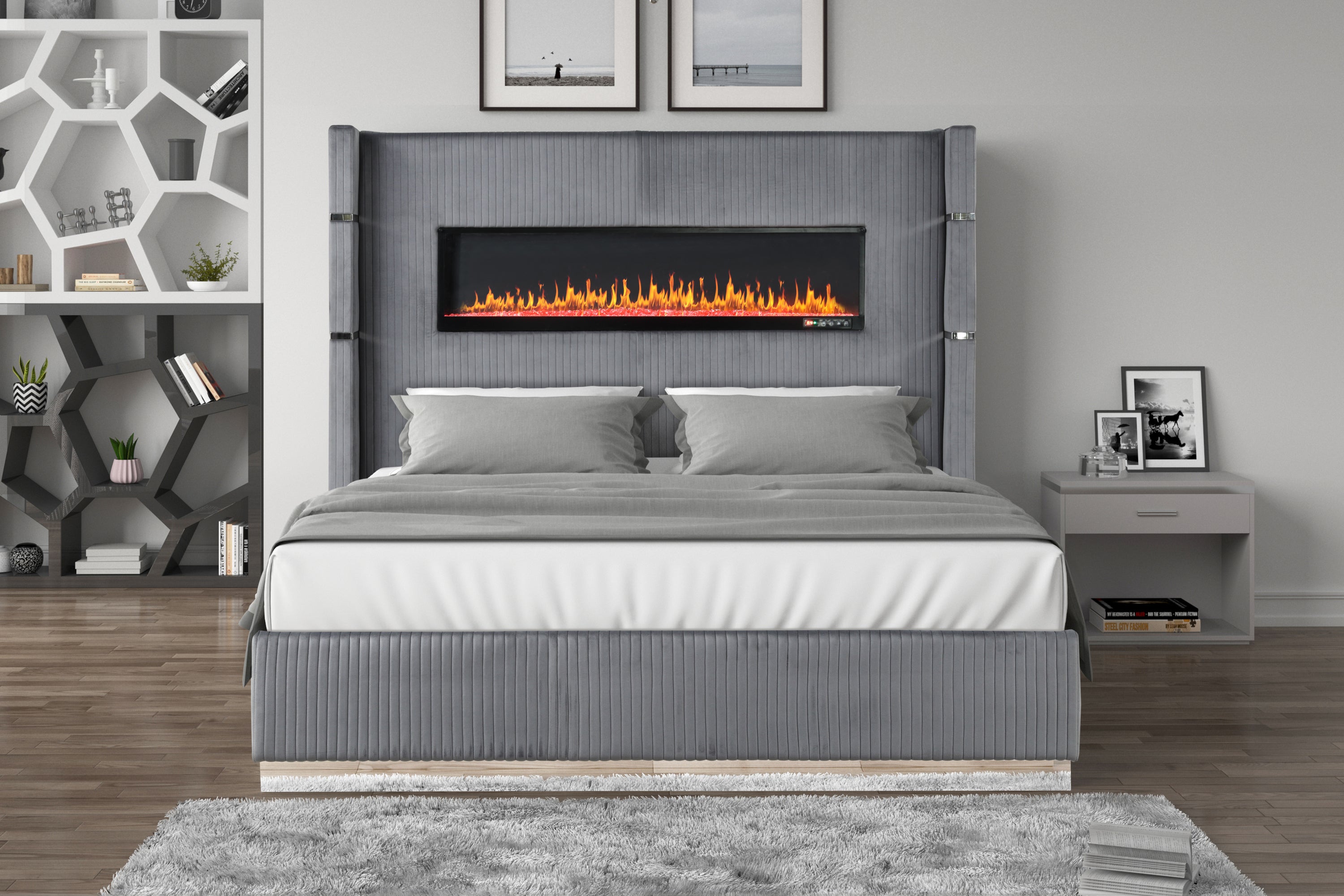 Upholstery Wooden King Bed with Ambient lighting in Gray Velvet Finish