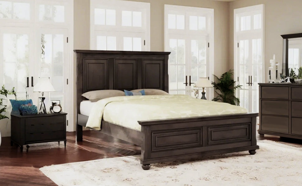 Traditional Town and Country Style Pinewood Vintage King Bed, Rich Brown