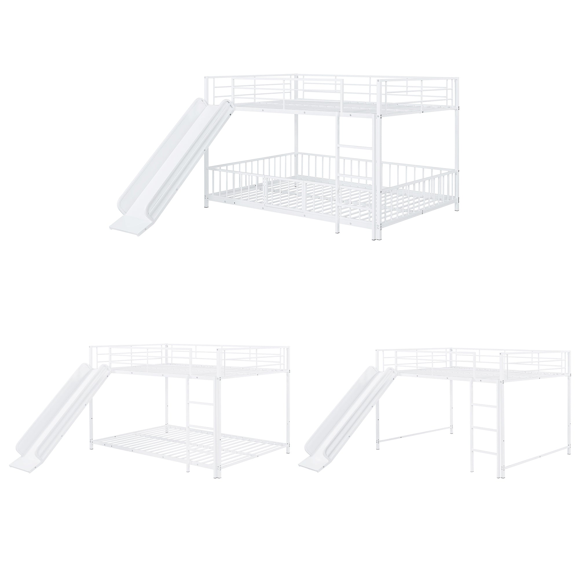 Full over Full Size Metal Bunk Bed with Slide and Guardrails, White