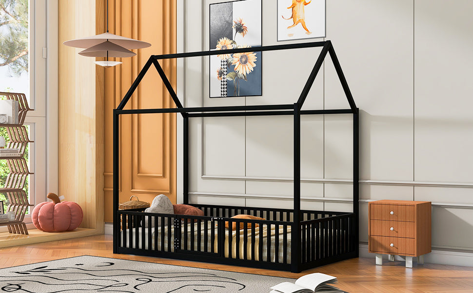 Twin Size Metal House Bed with Fence and Door, Black