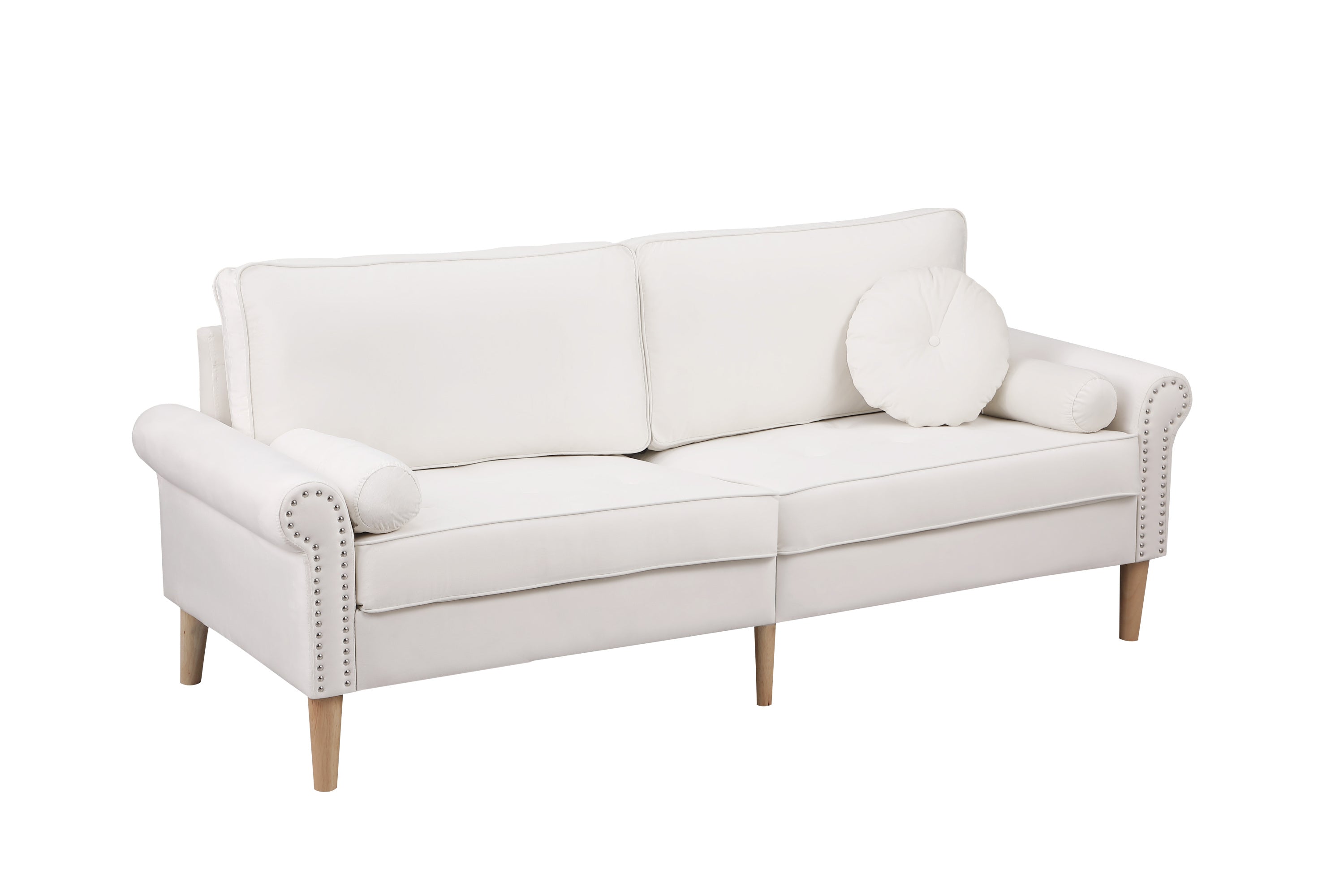 Living Room Sofa,3-Seater Sofa , with  Copper Nail on Arms ,Three Pillow,White