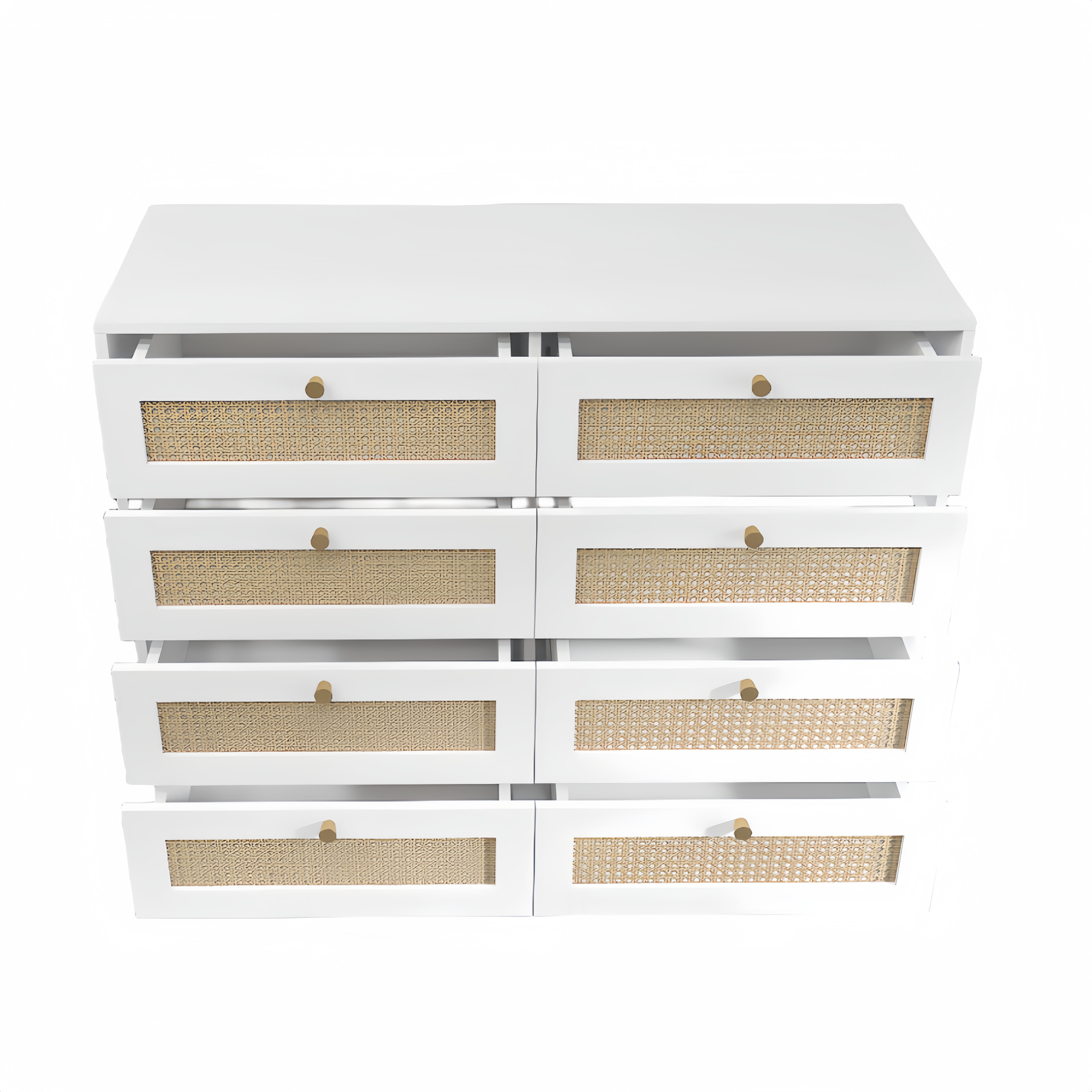 White Color 8 Drawers Chest of Drawers with Rattan Drawer Face Golden Legs and Handles