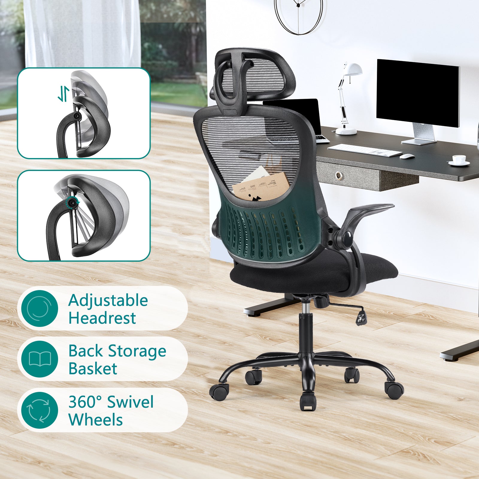 Office chair, comfortable swivel chair with high back, wheels, adjustable headrest, comfortable lumbar support, flip arm, black