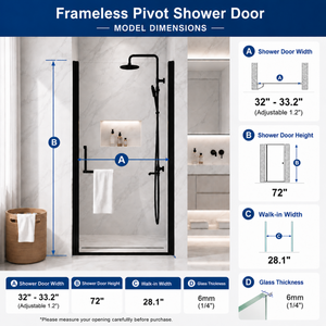 32-35 x 72 in Semi-Frameless Pivot Shower Door - 32-33.2 x 72 in / Matte Black view 2