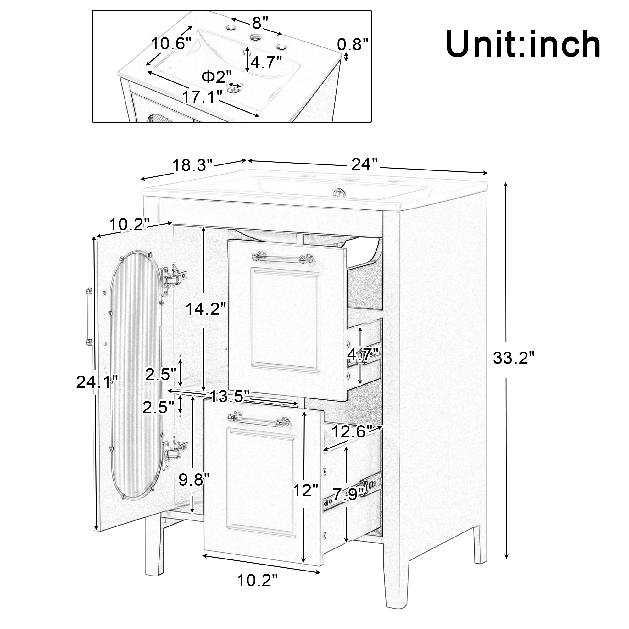 24" Bathroom Vanity with Sink, Bathroom Vanity Cabinet with Two Drawers and Door, Adjustable Shelf, Solid Wood and MDF, Grey