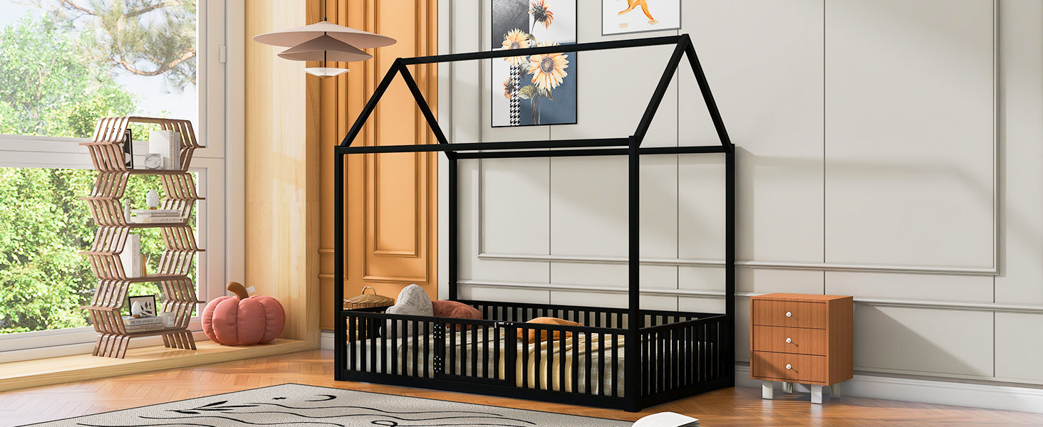 Twin Size Metal House Bed with Fence and Door, Black