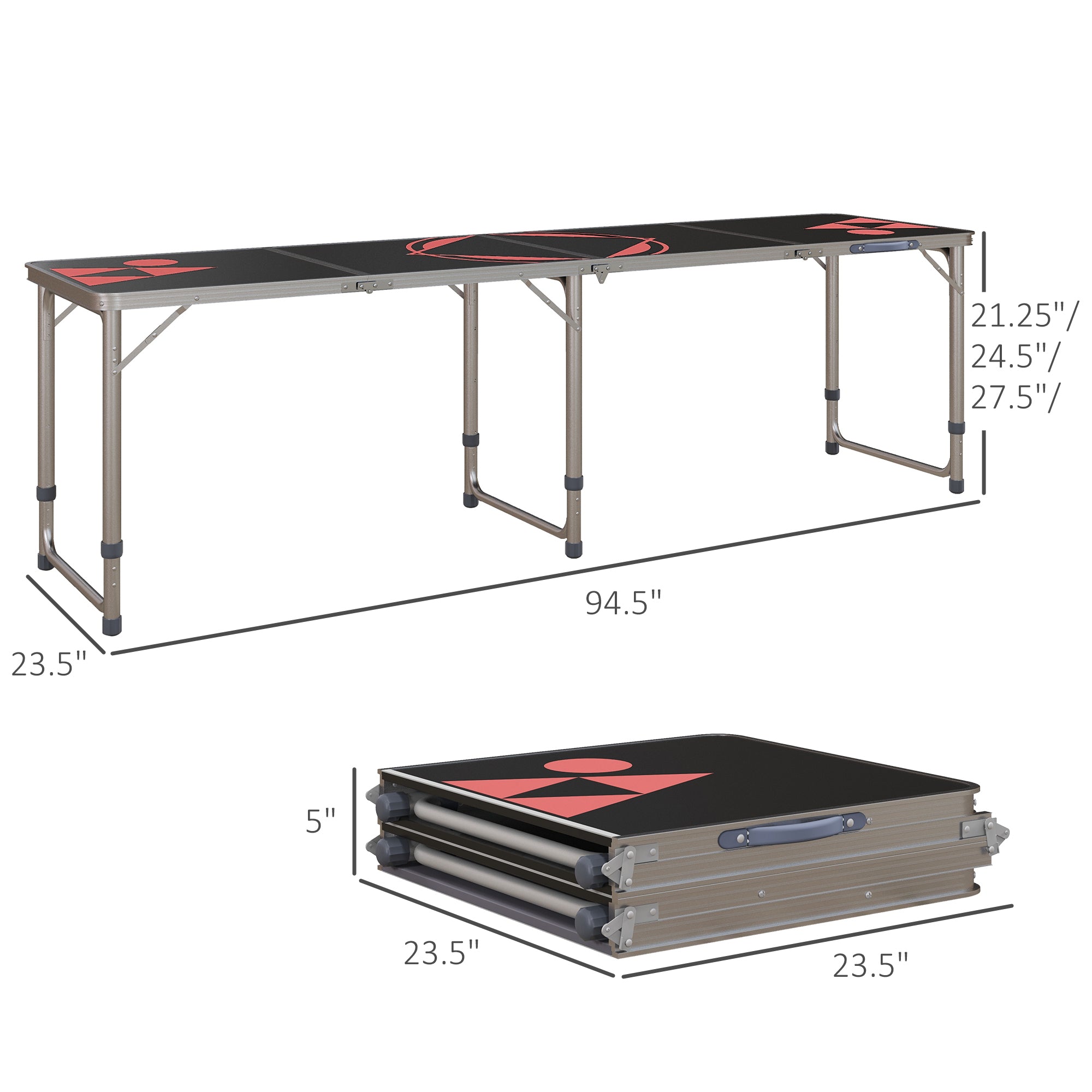 Outsunny 8ft Portable Beer Pong Table with Adjustable Legs, Folding Camping Table, Aluminum Picnic Table, for Party, Travel, BBQ, Beach, Black and Red