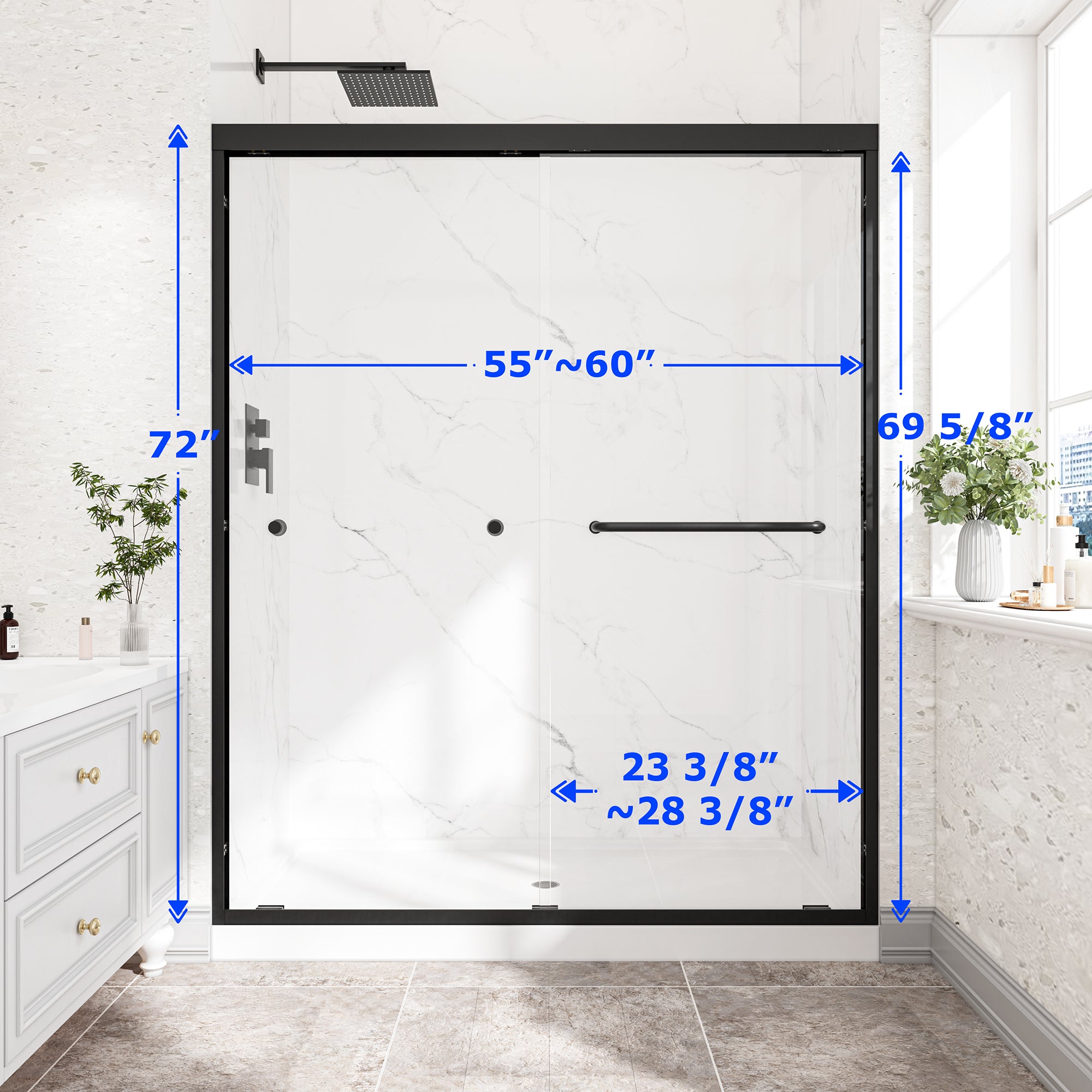 55-60 x 72 in reversible bypass shower door glass detail