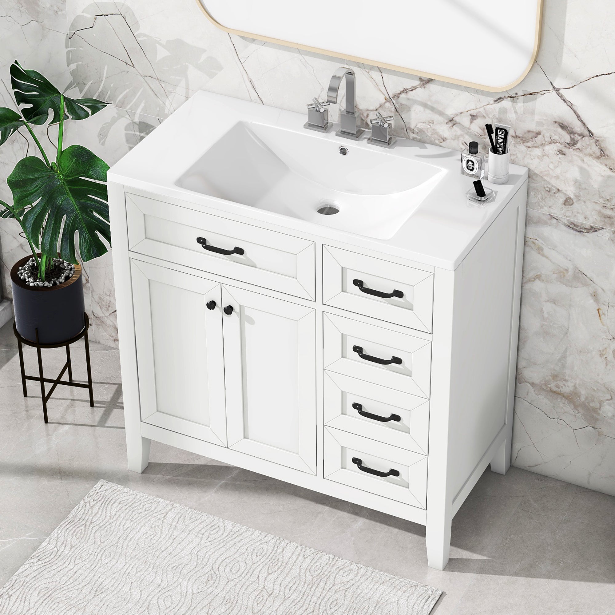 36" Bathroom Vanity with Sink Combo, White Bathroom Cabinet with Drawers, Solid Frame and MDF Board (Old Sku:JL000007AAK)