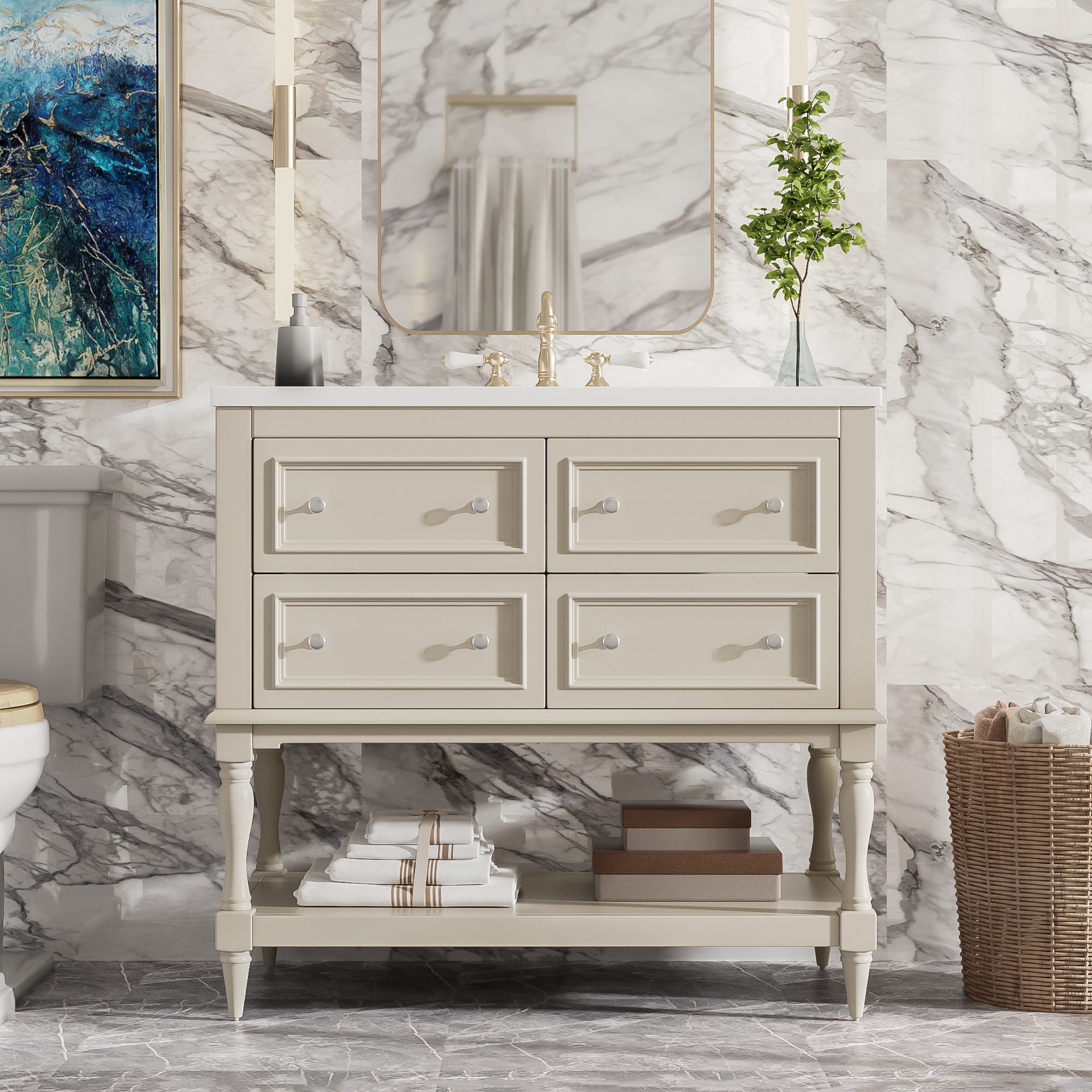 Beige solid wood bathroom vanity with four drawers, detail view