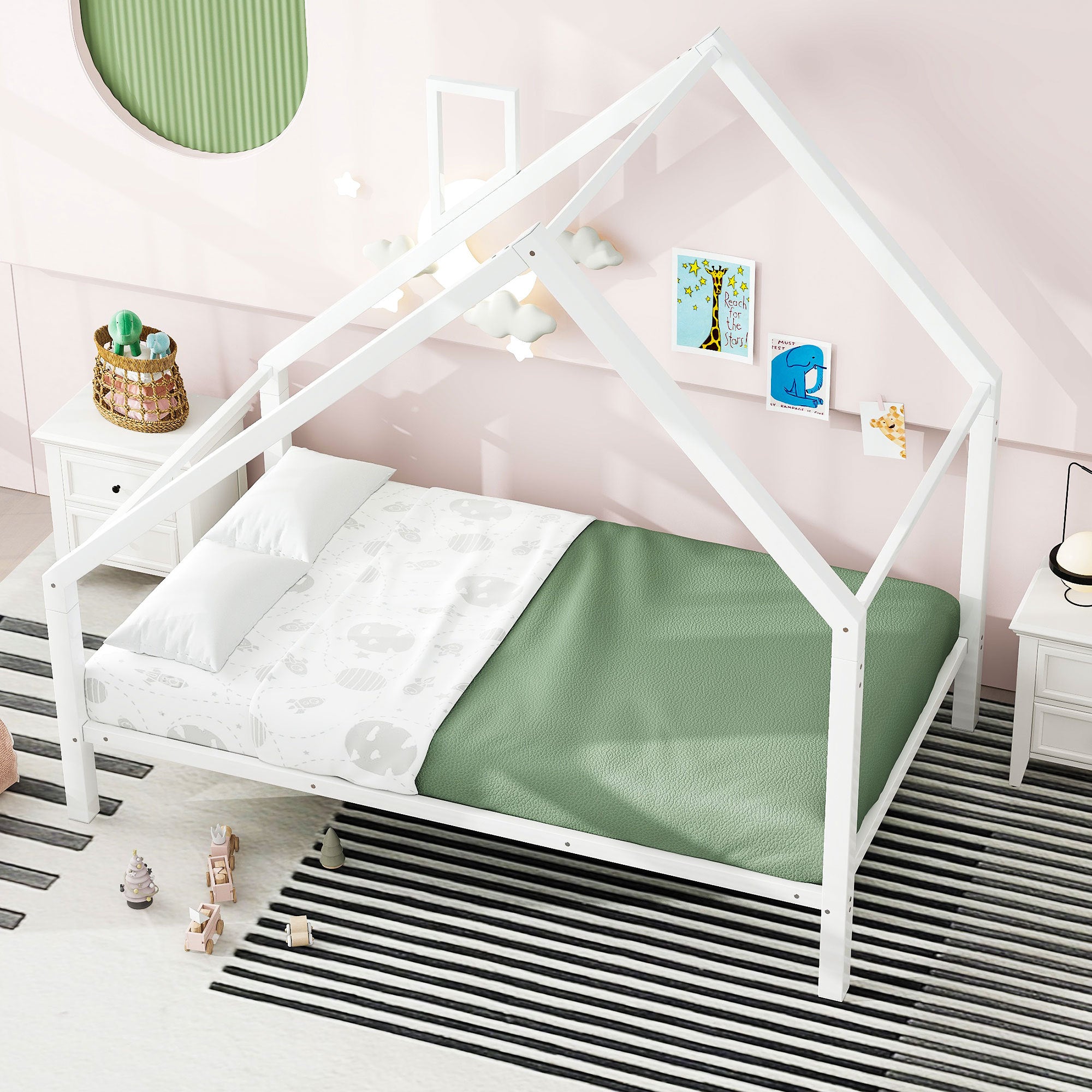 Twin Size Metal House Platform Bed with Roof and Chimney, White