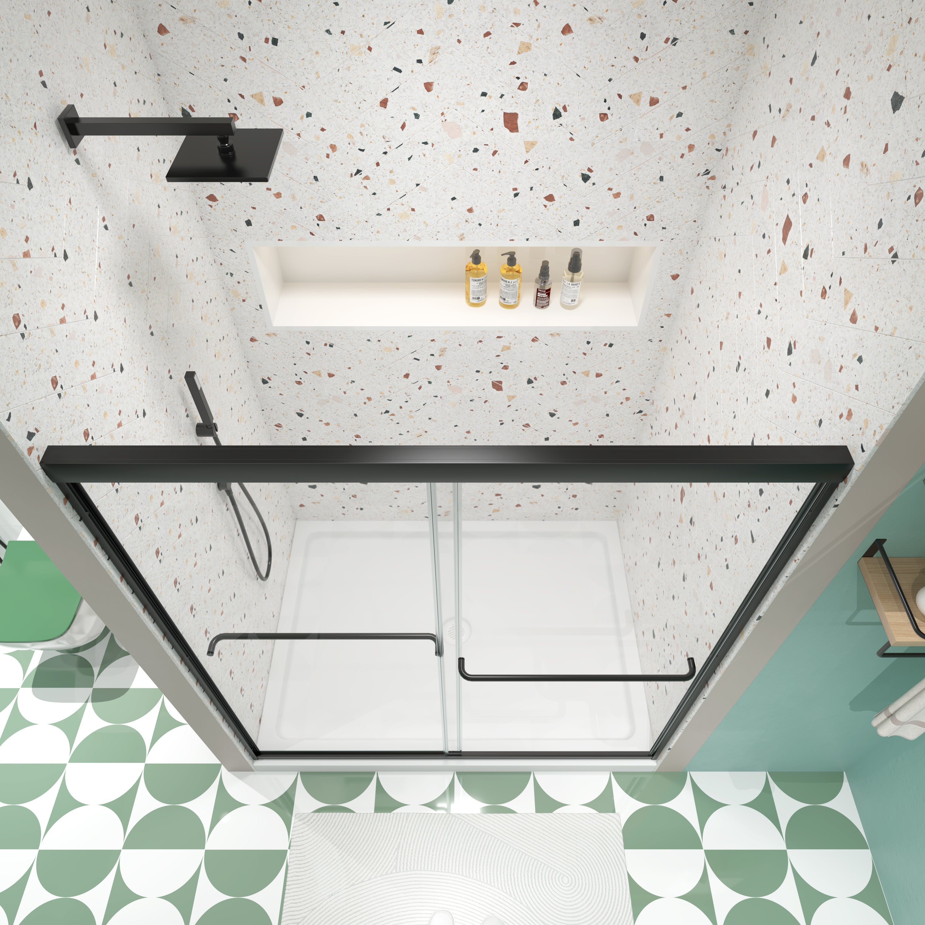 Matte black bypass shower door glass and track detail