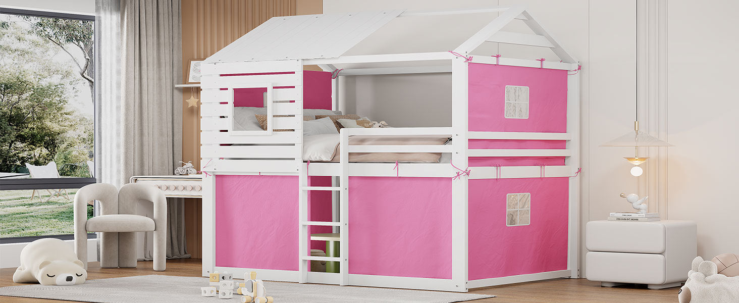 Full Size Bunk Wood House Bed with Tent, Pink+White