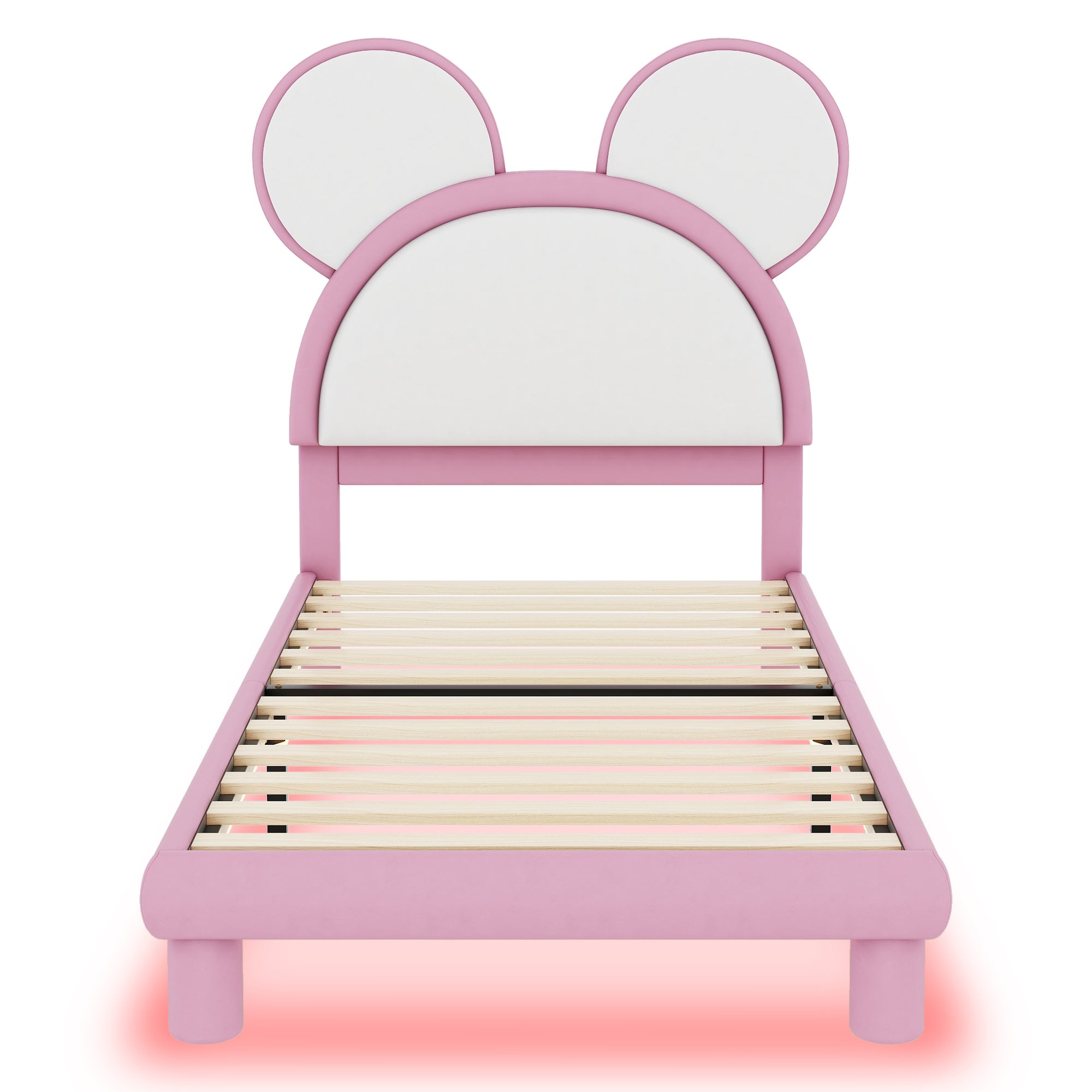 Twin Size Upholstered Platform Bed with Cartoon Ears Shaped Headboard and LED, White&Pink