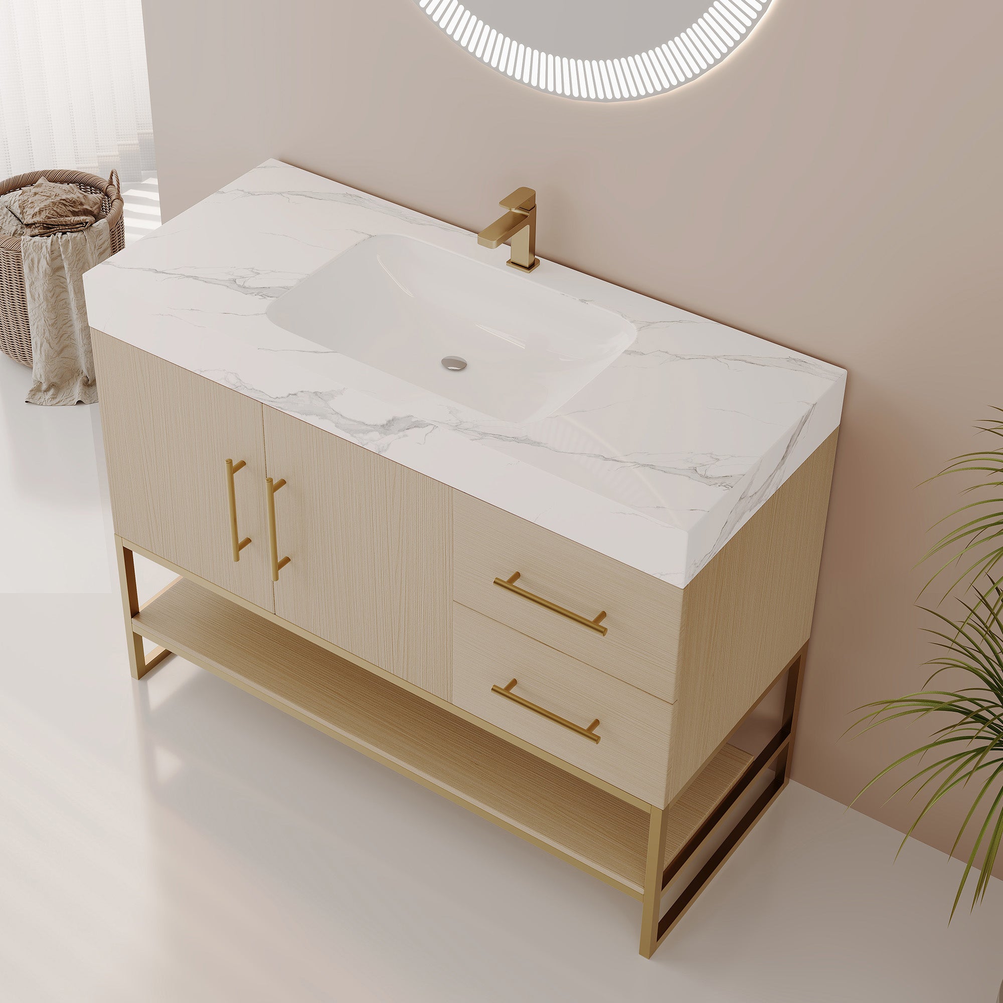36-inch modern bathroom vanity with sintered stone top, styled bathroom view