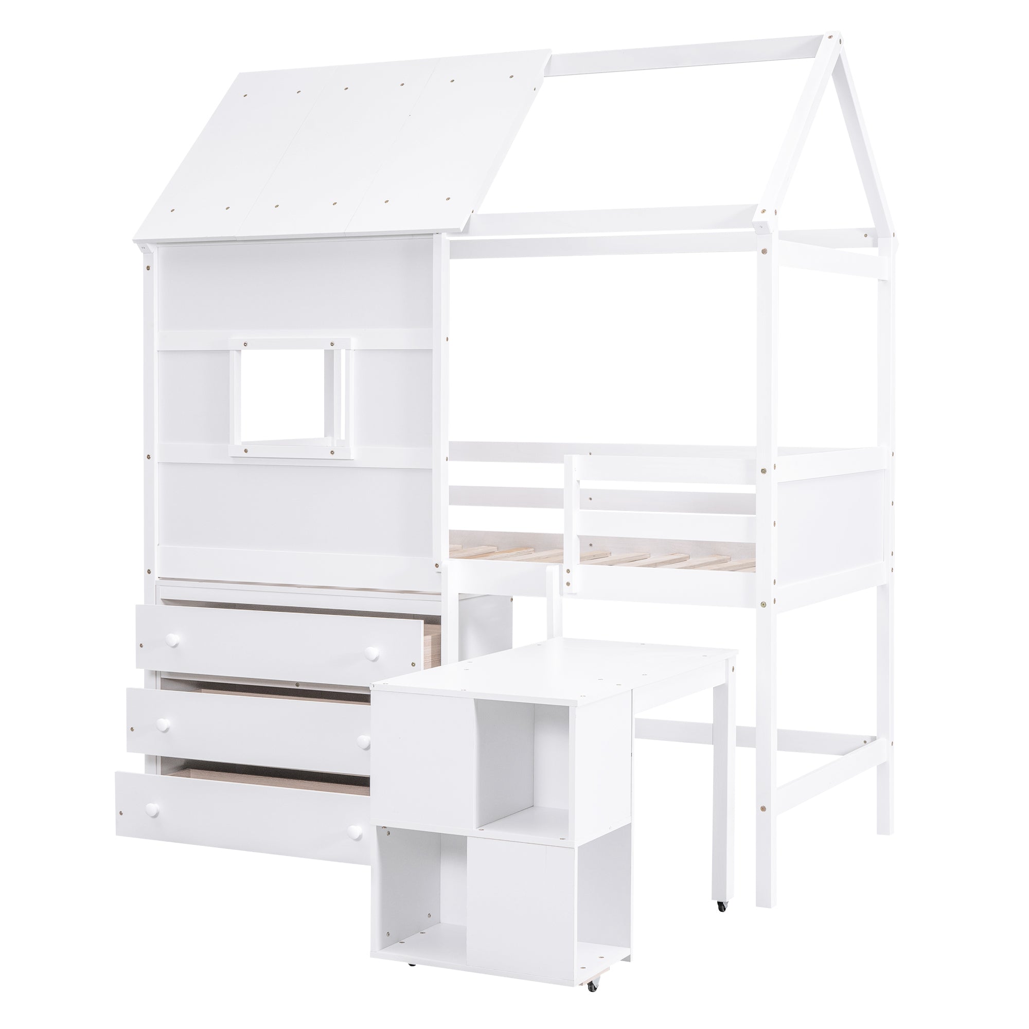 Twin Size House Loft Bed with Storage Desk and 3 Drawer Chest, White