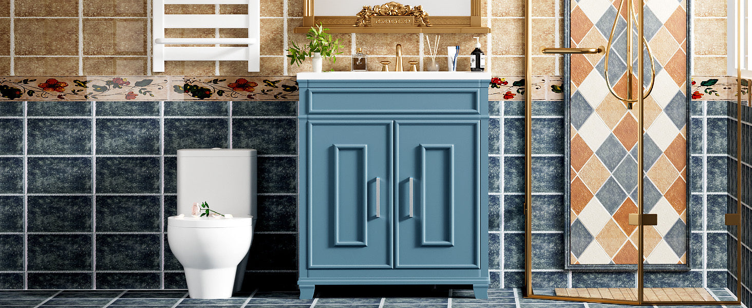 30 Inch Bathroom Vanity with Ceramic Sink, Freestanding Bathroom Vanity Set with Storage Shelf, Storage Cabinet for Bathroom, Solid Wood Frame Bathroom Cabinet, Blue