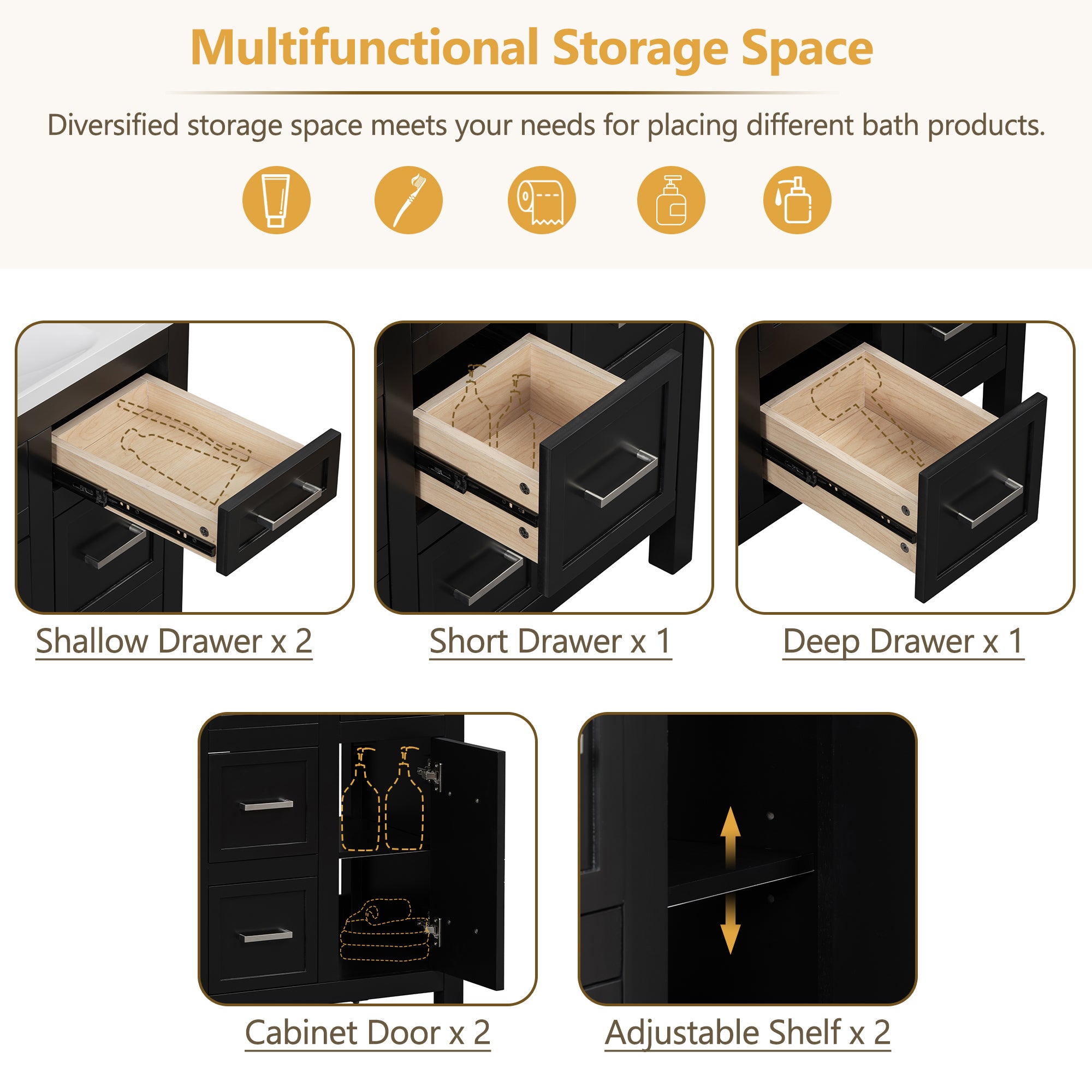 36" Bathroom Vanity Cabinet with Resin Integrated Sink - 4 Drawers, 2 Doors