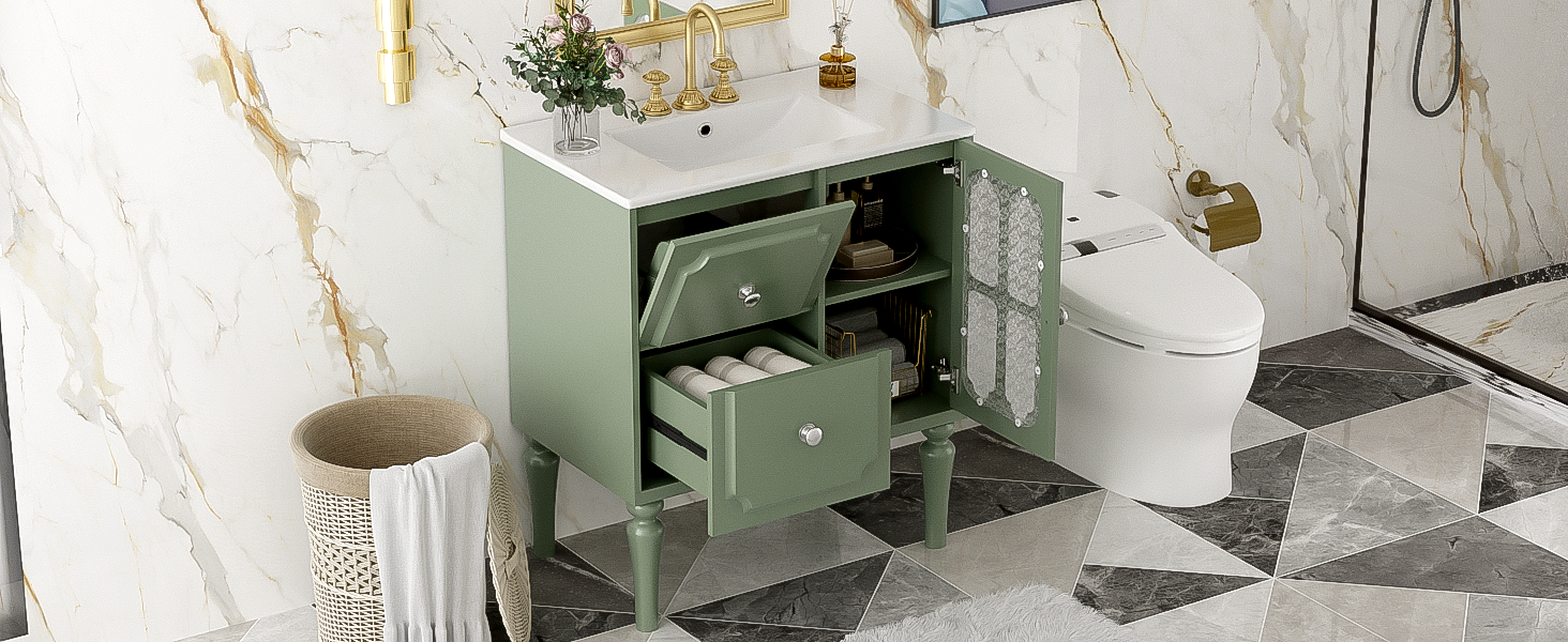 Retro Style 30'' Bathroom Vanity with Ceramic Sink Combo, Freestanding Single Vanity with 2 Drawers, Solid Wood Frame Bathroom Storage Cabinet, Green