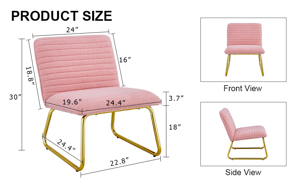 Modern minimalist pink plush fabric single person sofa chair with golden metal legs. Suitable for living room, bedroom, club, comfortable cushioned single person leisure sofa