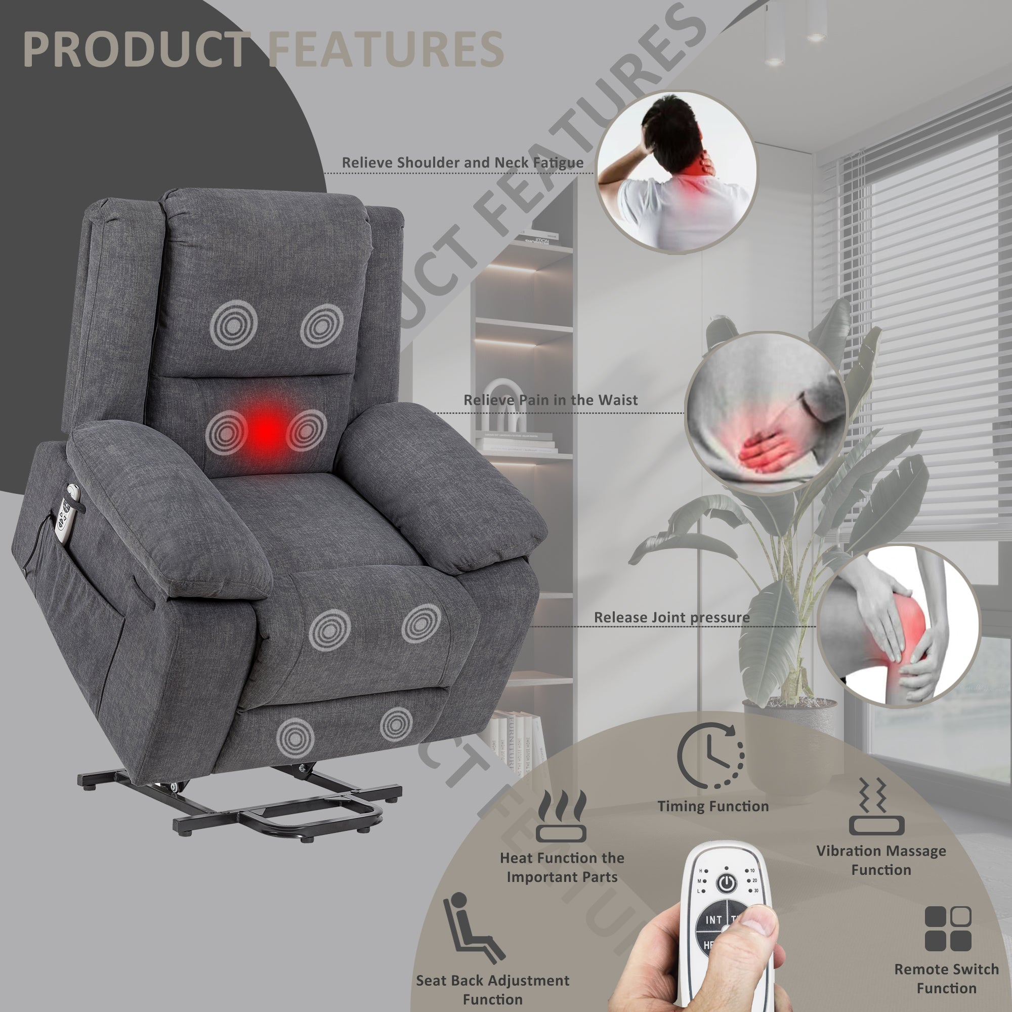 Electric Power Recliner Chair With Massage For Elderly ,Remote Control Multi-function Lifting, Timing, Cushion Heating Chair With Side Pocket Dark Grey