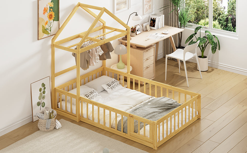 Wooden Floor Bed with Fence Railings and Detachable House Shape Headboard,Full Size Bed with Kids Dress Up Rack, Kids Montessori Style Playhouse Frame for Girls Boys, Natural