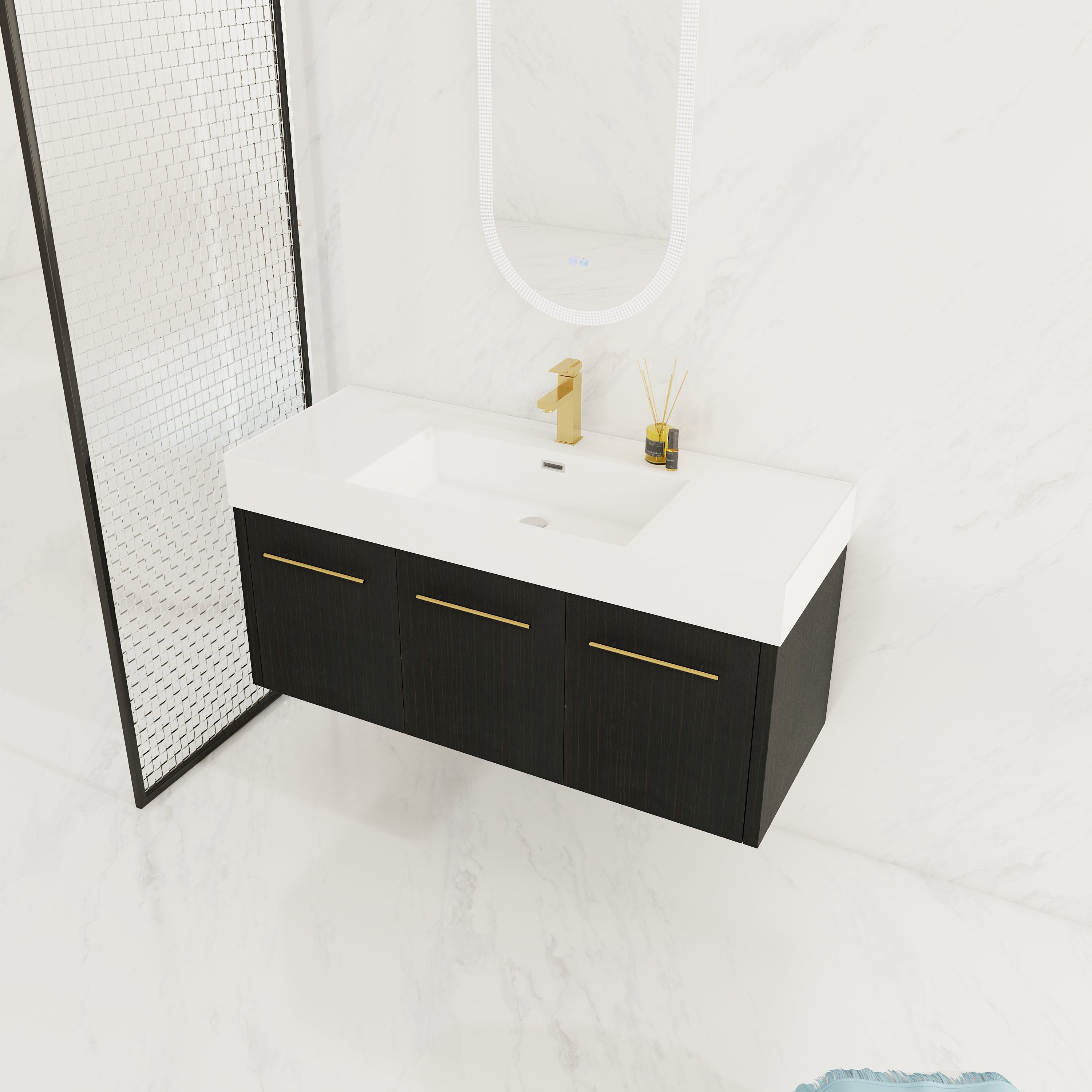 48 Inch Wall-Mounted Bathroom Vanity with Sink, Thick Edged Resin Basin, KD-Package