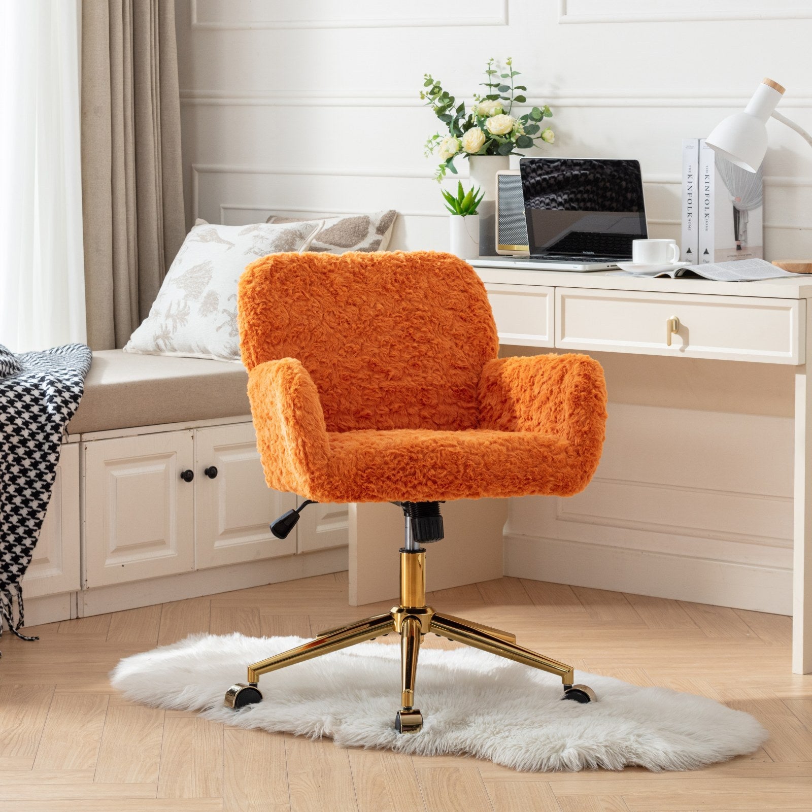 A&A Furniture Office Chair,Artificial rabbit hair Home Office Chair with Golden Metal Base,Adjustable Desk Chair Swivel Office Chair,Vanity Chair(Orange)