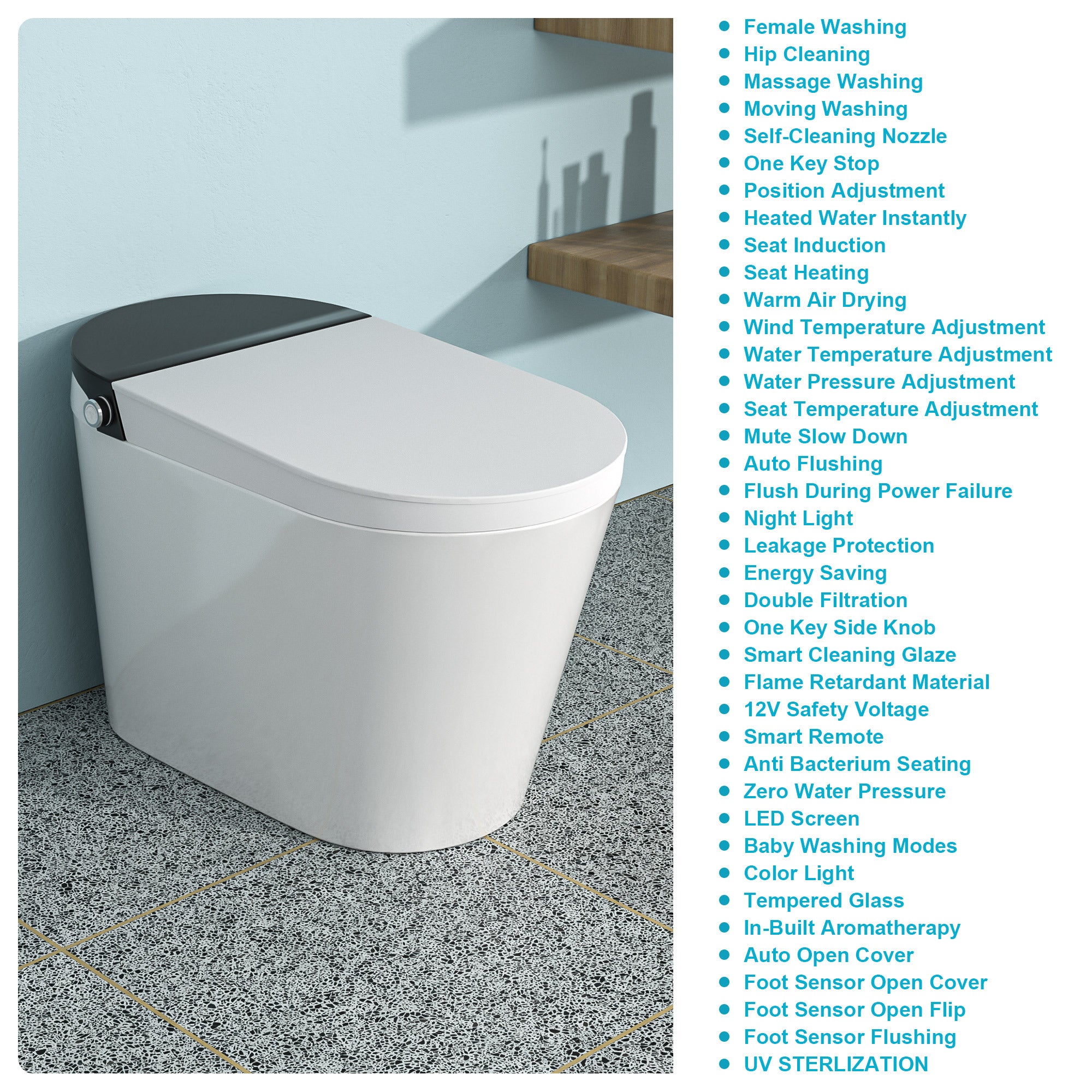 Smart Toilet with Bidet Built in, Auto Open & Close, Elongated Heated seat, Foot Sensor Flush, LED Display, Warm Water Wash, Dryer, Night Light